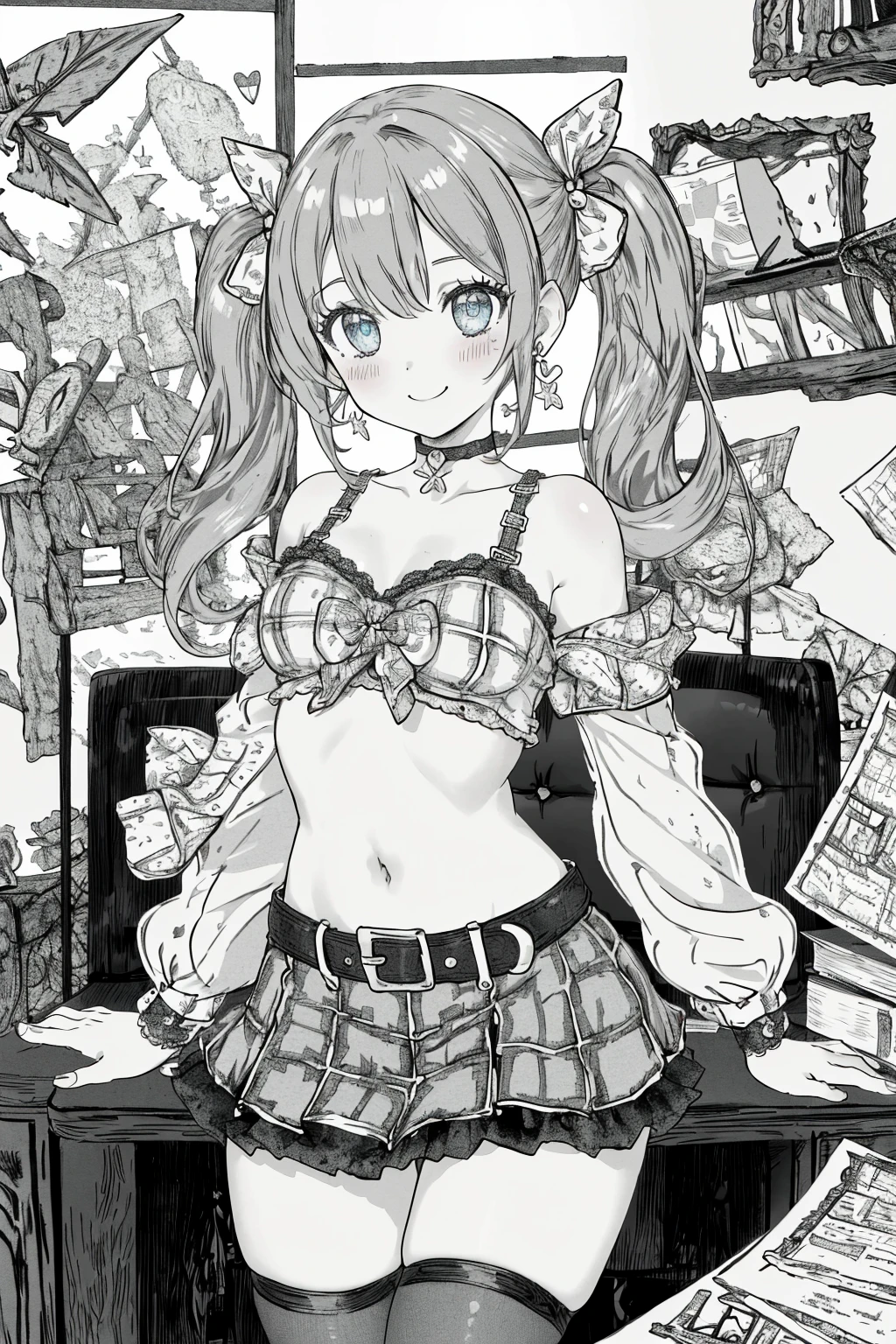 (((monochrome))), masterpiece, ultra-detailed, best quality, illustration, 8k cg wallpaper, an extremely delicate and beautiful, 1girl, solo, perfect anatomy, cute face, smiling, blushing, shining eyes, deep blue eyes, beautiful detailed eyes, dark brown hair, shoulder-length hair, twintails, cute hair accessories, cute earrings, cute choker, slim body, medium breasts, business outfit, perfect arms, cute arm accessories, black belt with gold buckle, light blue plaid skirt, cute thigh-high stockings, perfect legs, cute, pretty, beautiful, sexy, perfect body, (background: office, desk, chair, bulletin board, windows, intricately detailed items in background), <lora:tCA:1>