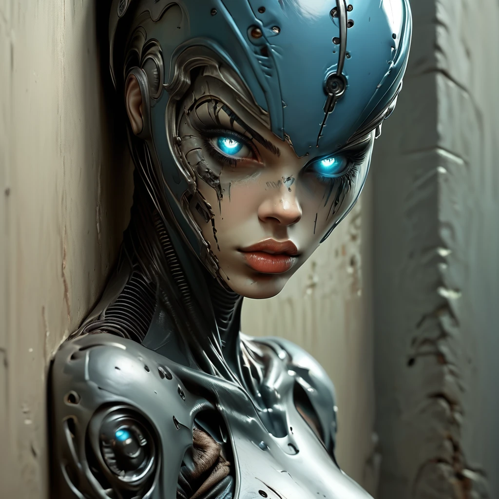 Score_9, score_8_up, score_7_up, score_6_up, BREAK <lora:Eldritch_Sci-FiPony:1> ArsMJStyle, Eldritch Sci-Fi, The image shows a woman with blue eyes and a metal headpiece leaning against a wall. Her face is animated and her eyes are a piercing blue., 1girl, solo, blue eyes, looking at viewer, android, lips, glowing eyes, portrait, against wall, helmet