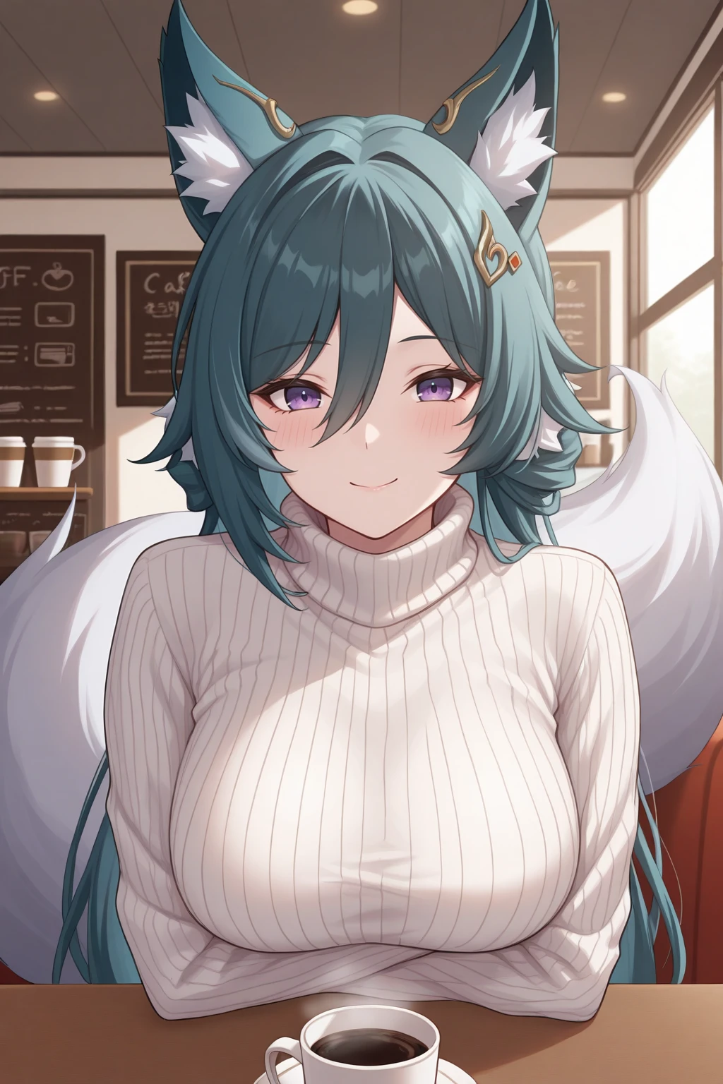 masterpiece, best quality, looking at viewer, smile, blush, 1girl, ykng, fox ears, fox tail, green hair, hair between eyes, purple eyes, large breasts, hair ornament, turtleneck sweater, pov across table, indoors, cafe, science fiction, coffee cup, steam, <lora:Hoseki_HonkaiStarRail_Yukong_IllustriousXL_v1:1>