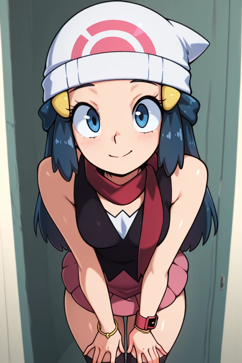 masterpiece, best quality, 1girl, solo, beautiful eyes, zzDawn, blue hair, blue eyes, sidelocks, long hair, bare shoulders, beanie, black shirt, black socks, bracelet, hat, jewelry, kneehighs, miniskirt, pink skirt, red scarf, scarf, shirt, skirt, sleeveless, sleeveless shirt, white headwear,  <lora:DawnPokemonIXL_e07:1.0> <lora:TobiaswhellerIXL:1.0>, , cowboy shot, leaning forward, smile, looking at viewer, shiny skin,