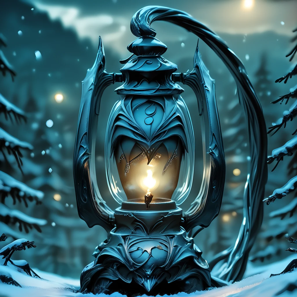 Score_9, score_8_up, score_7_up, score_6_up, BREAK <lora:Eldritch_Sci-FiPony:1> ArsMJStyle, Eldritch Sci-Fi, The image shows a lantern in the middle of a snowy forest illuminated by a light in the center. The background is blurred giving the image a dreamy ethereal feel., no humans, snow, helmet, armor, blurry, snowing, solo, night, outdoors