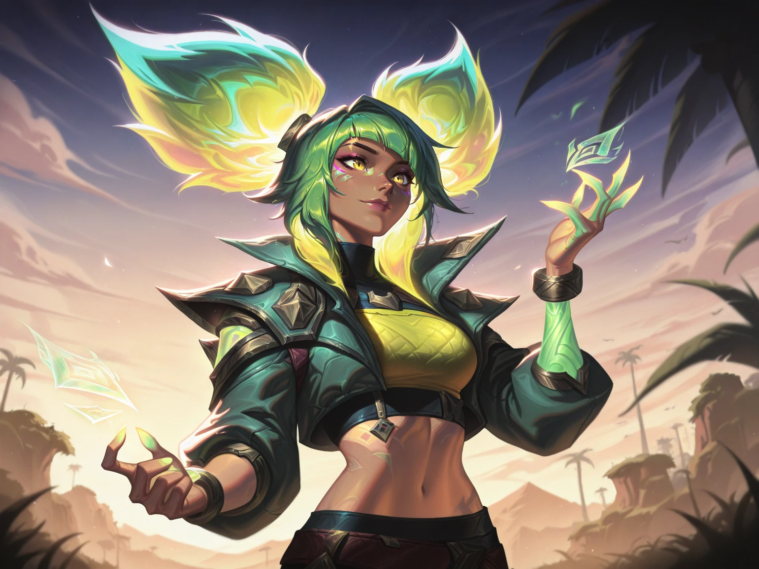 1girl, zeri (league of legends), twintails, bangs, green hair, light smile, tan, jacket, crop top, outdoors,
, (five fingers), <lora:LeagueOfLegendsIL:0.8>, masterpiece, best quality, absurdres