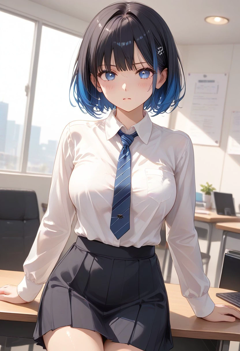 (Shion Tachibana, Short hair, Black hair, Multicolored Blue hair, Expressive eyes, Blue crystal eyes), perfect face, Serious expression, Blushing, Perfect body, Tall, White skin, Large breasts, white shirt, Long sleeves, blue tie, blue ribbons, black short skirt, office room, Windows, Table, Chair, indoor, Wide Angle Camera, (masterpiece, detailed:1.2), (High Resolution), (More Details), (8K), (High Resolution), Aesthetic style, (glitter), soft anime, intricate colors, vibrant colors, color detail, ((Anime illustration)), ((Incarnate detail)), ((Masterpiece)), ((Highest quality)), easynegative,