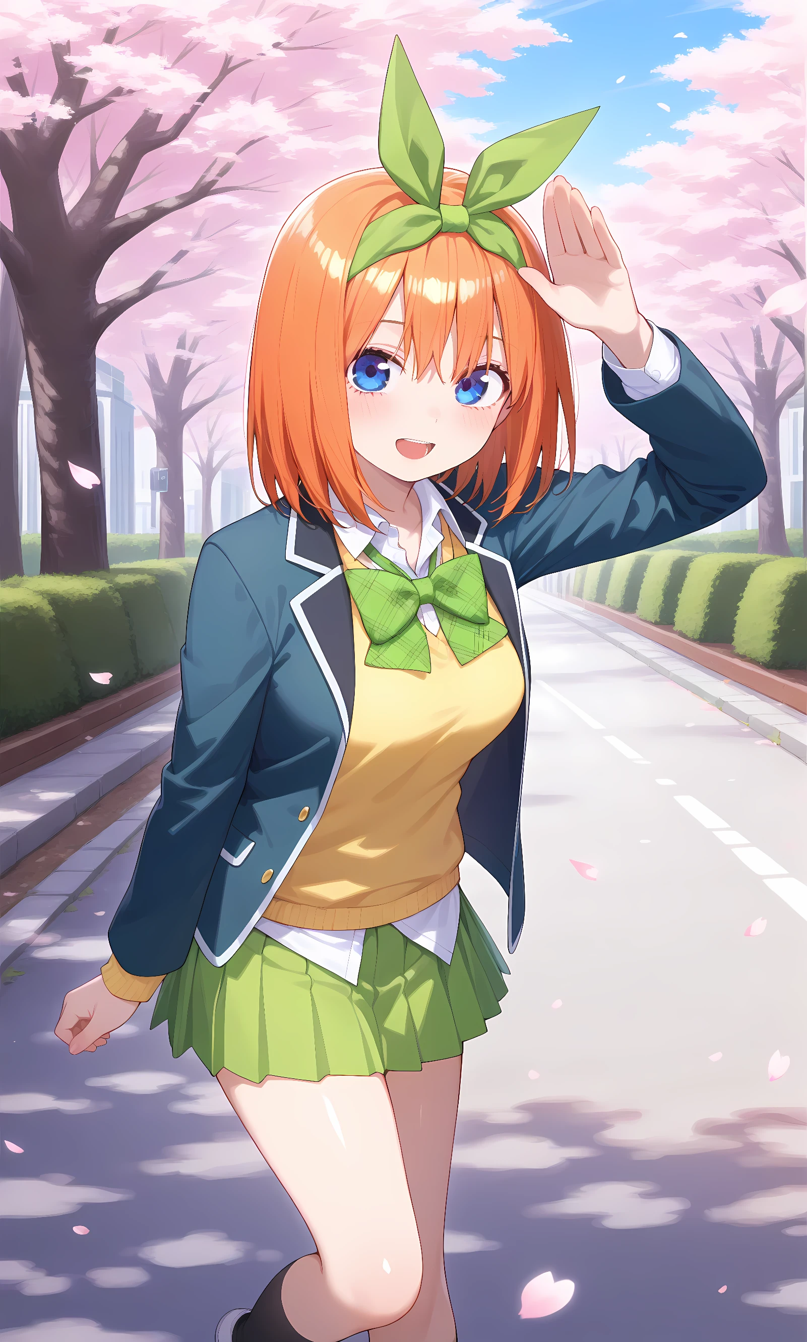 score_9, score_8_up, score_7_up, source_anime, 1girl, solo, outdoors, street, cherry blossoms, cowboy shot, looking at viewer, shiny skin, close-up, nakano yotsuba, orange_hair, green_ribbon, hair_ribbon, hair_between_eyes, blue_eyes, medium_hair, blazer, collared_shirt, green_bow, open_jacket, blue_jacket, bowtie, long_sleeves, yellow_sweater_vest, green skirt, pleated skirt, black socks, white shoes