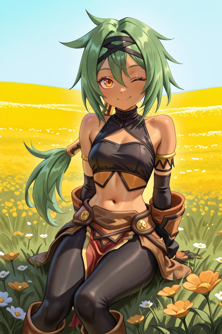 <lora:KylierIL:0.85> , kylierdef, 1girl, dark skin, green hair, low-tied long hair, long hair, orange eyes, bare shoulders, black tube top, arm warmers, black arm warmers, midriff, skirt,  brown skirt, pelvic curtain, red pelvic curtain, ((turtleneck shirt)), sleeveless turtleneck, armlet, black leggings, gloves, boots,  exterior, romantic, smile, cowboy shot, sitting in a field of flowers, dawn, looking at viewer, one eye closed, sassy, solo, masterpiece, very aesthetic, absurdres, best quality, amazing quality, high resolution, <lora:illustrious_quality_modifiers_masterpieces_v1:0.8> , <lora:ChamIllustriousBackgroundEnhancer:0.5>,