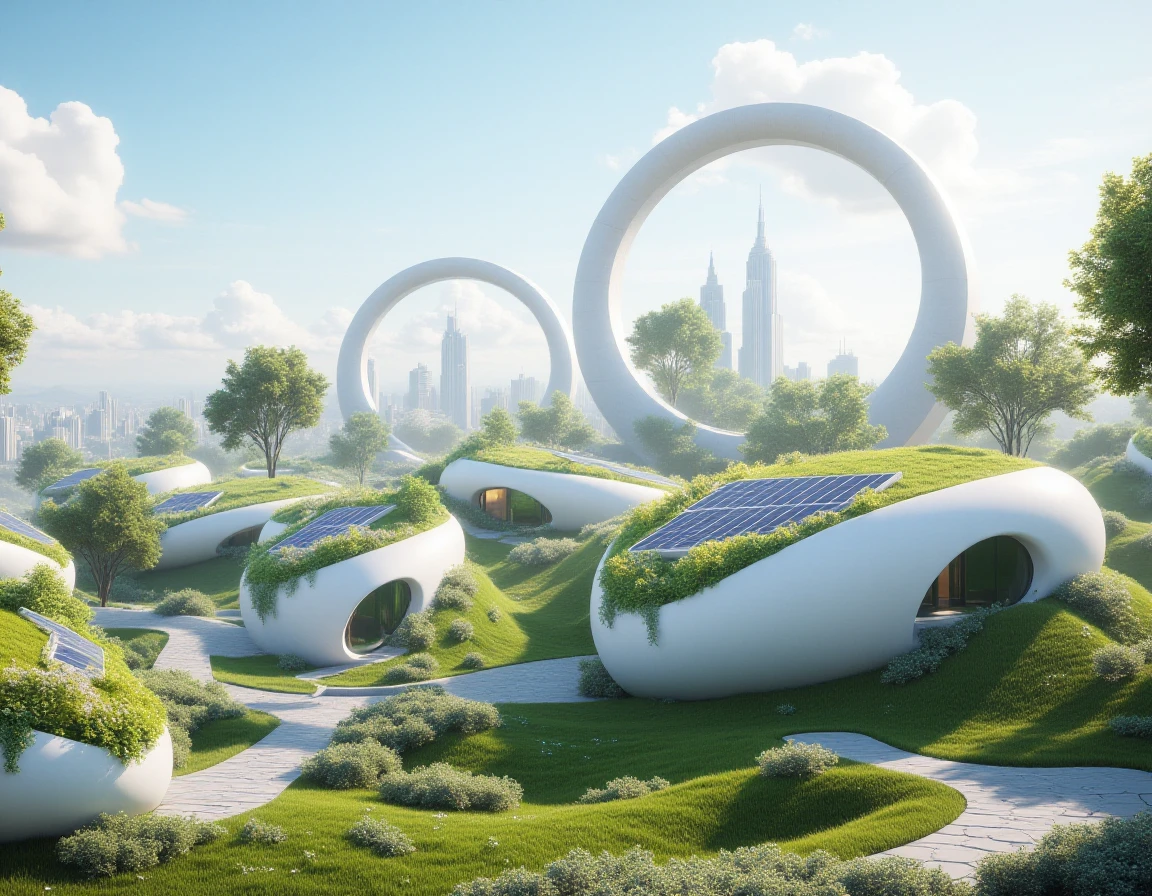 In the style of ff-eu, a futuristic cityscape with an environmentally friendly atmosphere. there are sleek whitre round houses covered in solar panels. They have gardens outside covered in beautiful flowers.
<lora:Eco_Utopia_FLUX-000011:1>