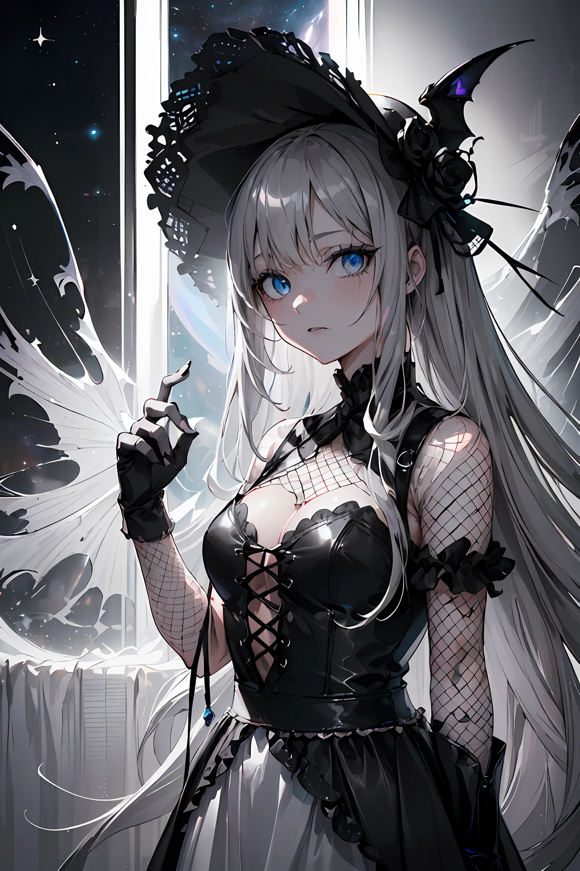 (cover:1.5),HorrorTheme,(white and black theme,silver trim,vampire:1.5),(exceptional, best aesthetic, new, newest, best quality, masterpiece, extremely detailed, anime:1.2),1girl,solo,cold,((Detailed)), ((Masterpiece)), ((Impressive)), ((Elegant)), ((Mind-blowing)), ((Phenomenal)), anime, Shojo, Romance, Drama, digital artwork, Digital masterpiece, Digital masterpiece, Digital illustration, neon light, Neon illumination, Electrifying light, Vibrant glow, 35mm, Panoramic view,Illustration,Cover,enigmatic figure,draped in translucent fabric,crystals adorning hair,dreamlike swirl,pastel hues,soft light,evoking calm serenity and elusive beauty,Non-representational,colors and shapes,expression of feelings,imaginative,highly detailed,fingerless_gloves,headwear,Pixar cartoon, black_headwear, fingerless_gloves, "MANDY" horror movie poster in the style of any Pixar movie poster, 1980s, cosmic ethereal scenery, cosmic horror, (dark galaxy (white + gray) theme:1.5), horror_poster, shoulder_sash, ((Gothic)), (fishnets,leather_outfit,stylish_outfit,aesthetic,psychic:1.3), dark_grey_hair, long_hair, multicolored_hair, beautiful_eyes, (extremely_detailed_eyes:1.3), dark_grey_eyes, duo-tone_eyes, (looking_at_viewer,evil:1.2), (hand_on_own_chin:1.3), (from_side:0.9), (close-up:0.8)