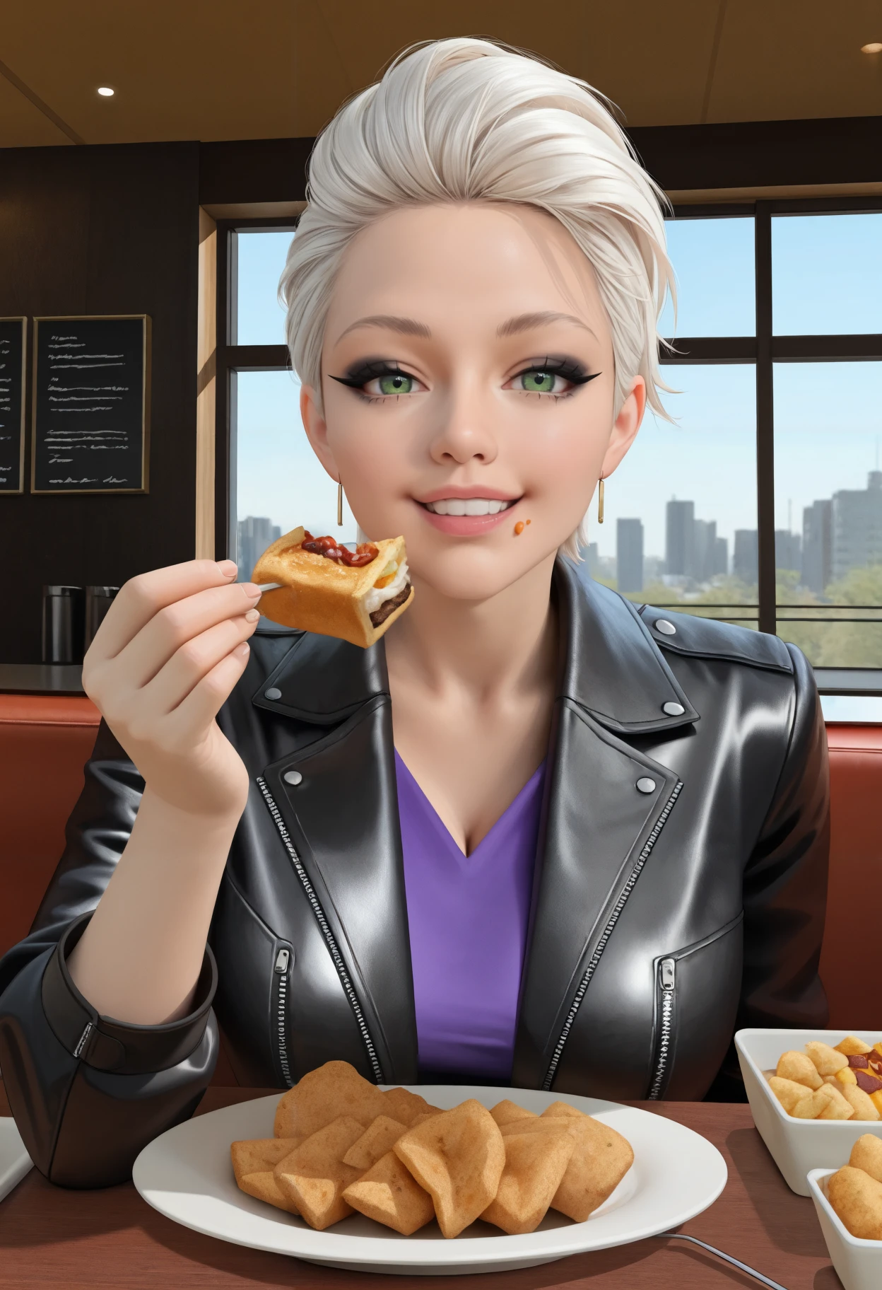 masterpiece, best quality, newest, absurdres, highres, realistic, photorealistic, looking at viewer, 1girl, solo, brititcerknfelle, short hair, white hair, hair slicked back, green eyes, black eyeshadow, sitting, pov across table, restaurant, food, indoors, eating, food on face, holding food, smile, black leather jacket, purple shirt
<lora:brittenelle fredericks:1>