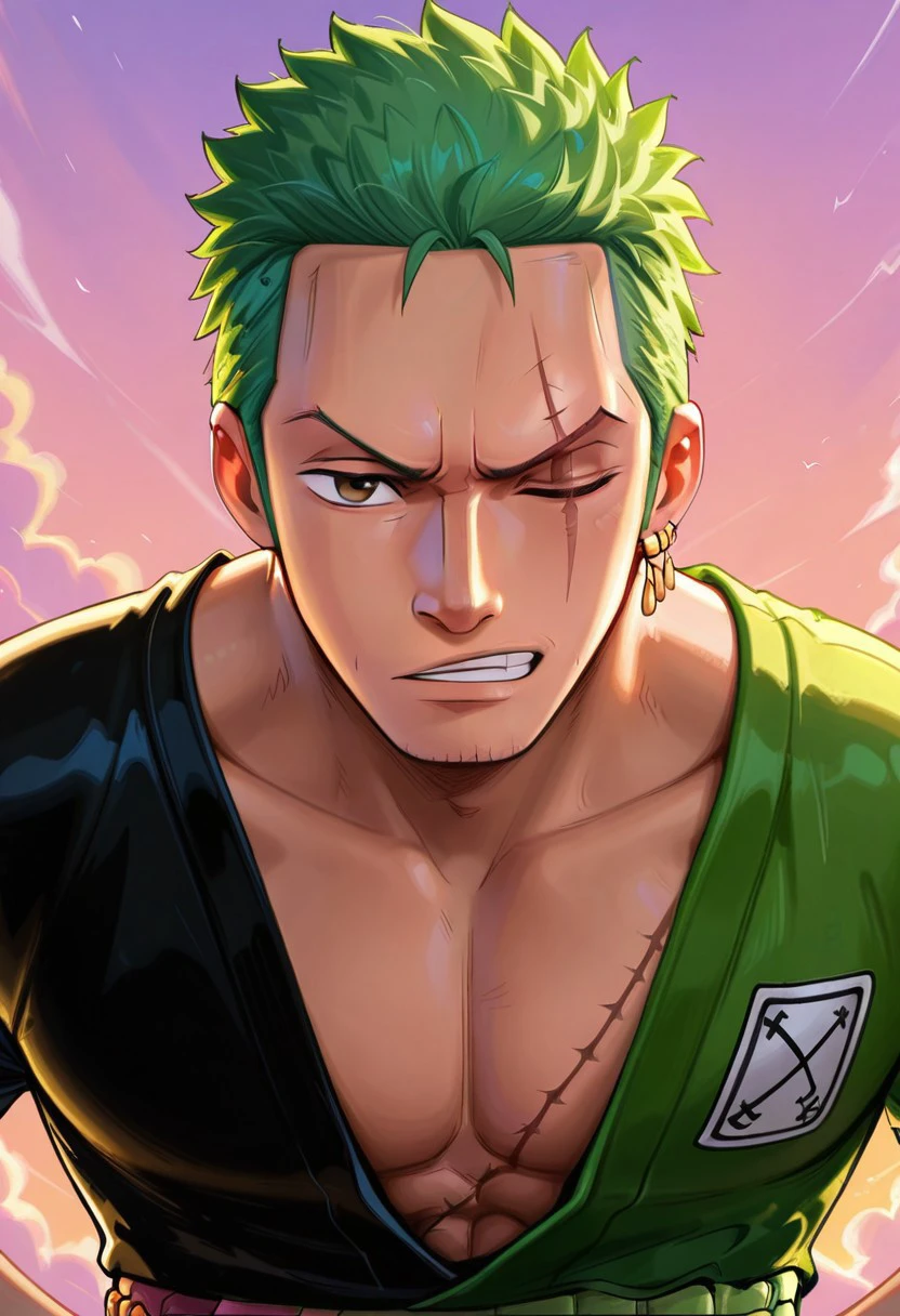 masterpiece, best quality, newest, absurdres, highres, SpiderversestyleIL-V1.0, 1boy, Zoro /(one piece/), green hair, one closed eye, one eye open, scar over eye,