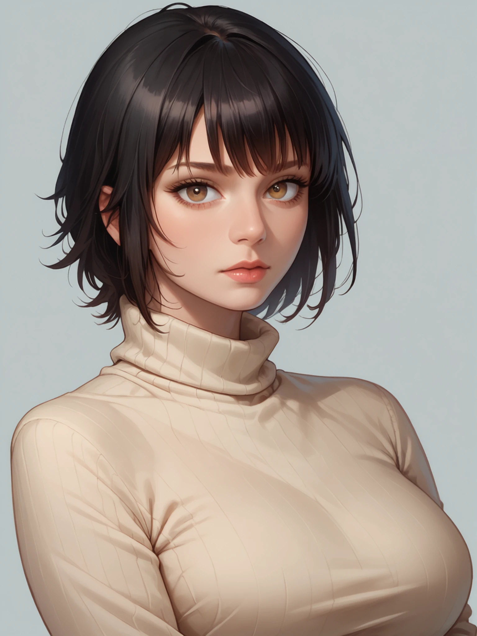 score_9, score_8_up, score_7_up, score_6_up, Karin Spolnikova, upper body, (turtleneck), standing, short haircut, neat hairstyle, black hair, bang, looking at viewer, large breasts, simple background, <lora:Karin_Spolnikova_pony_v1.0:0.9>