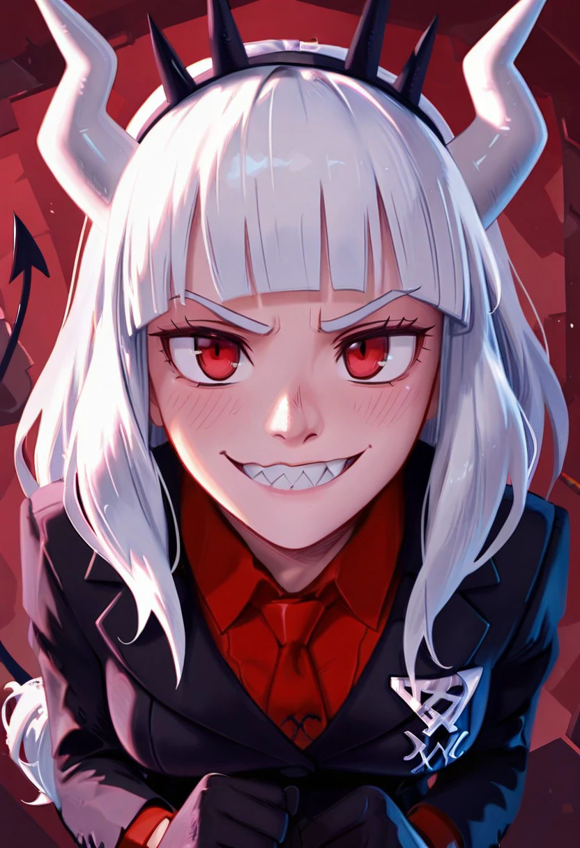 masterpiece, best quality, newest, absurdres, highres, SpiderversestyleIL-V1.0, 1girl, lucifer \(helltaker\), black suit, red necktie, black collared shirt, black gloves, blunt bangs, demon horns, demon girl, demon tail, sharp teeth, red eyes, white hair, long hair