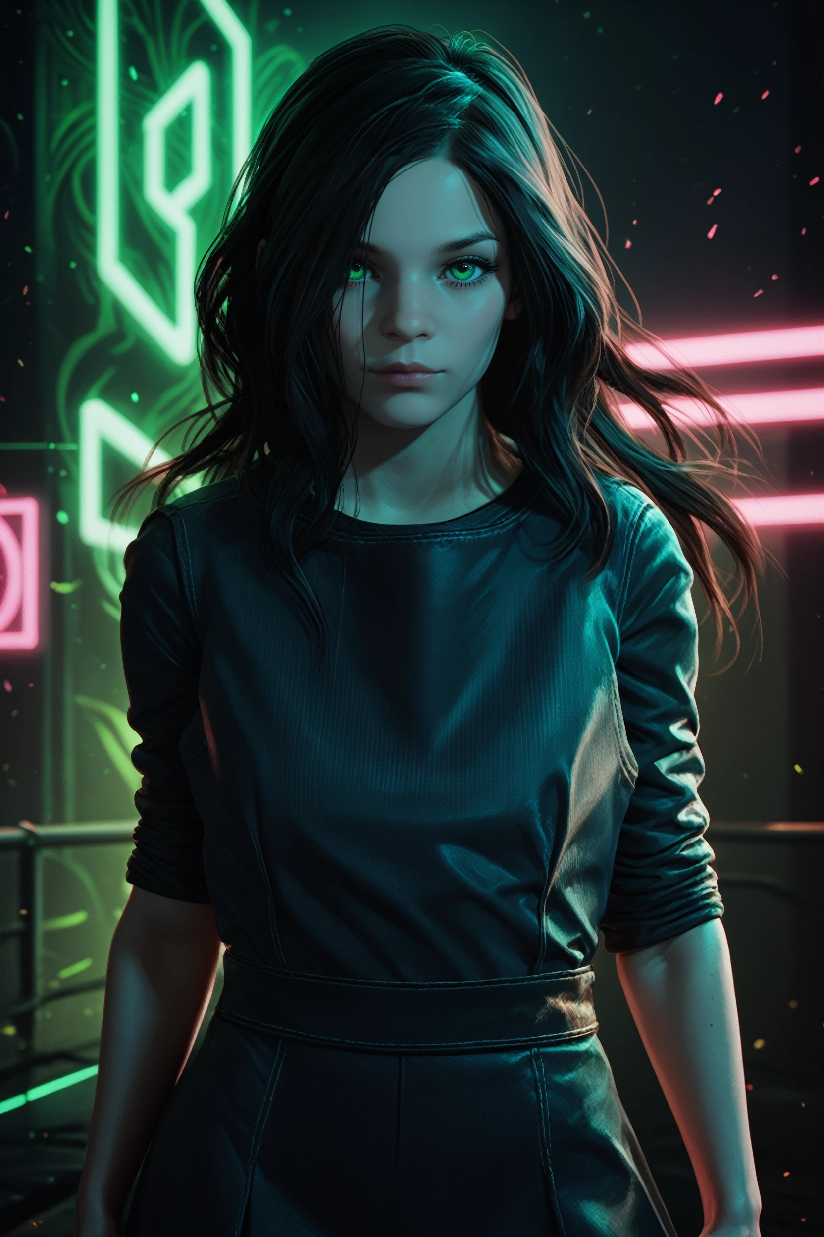 score_9, score_8_up, score_7_up, score_6_up
<lora:RE7Eveline:0.8>
RE7Eveline, 1girl, black hair, long hair, green eyes, looking at viewer, abstract neon environment, night environment, bold theme, vivid neon colors swirling, posing confidently, vibrant lighting