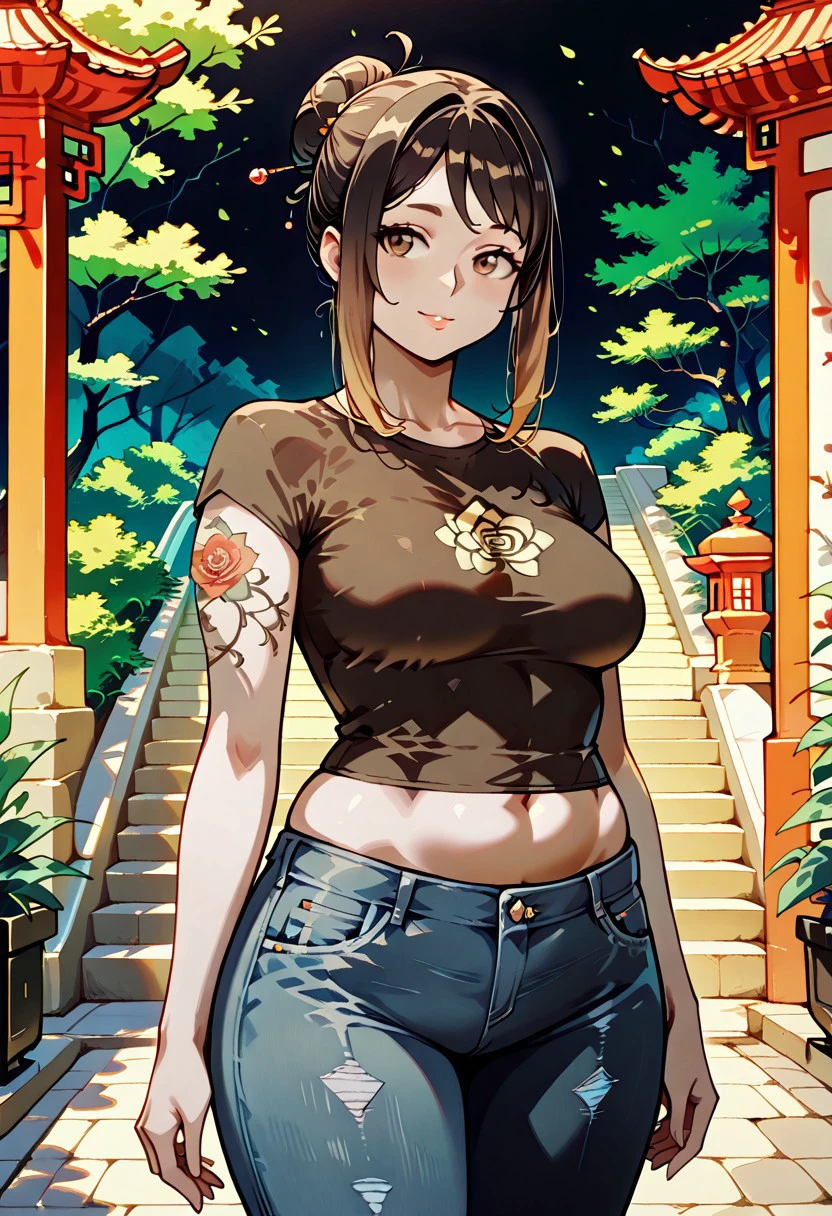masterpiece, best quality, 32k, high resolution, absurdres, 1woman, mature woman,Mei, MeiRH,
Very long black hair, brown gradient hair, high hair bun, brown eyes, pale skin, medium breasts, full right arm tattoo, denim pants, off shouders t-shirt, belly exposed, chinese garden, outdoors