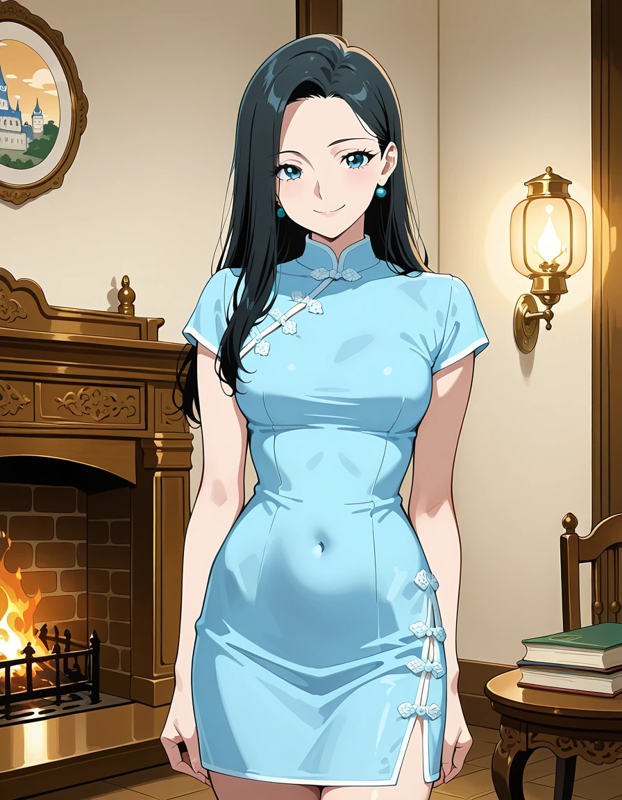 Pop Art style hud_ch1na_dr3ss, blue dress, china dress, solo, 1girl, long black hair, cowboy shot,  <lora:hud_chinese_dress_illust:0.7>, Majestic Scottish Castle Library, dimly lit by antique lamps and crackling fireplace, exuding old-world charm, perfect for reading and whispered confessions., smile, best quality, absurdres, masterpiece, amazing quality,  . Bright colors, bold outlines, popular culture themes, ironic or kitsch