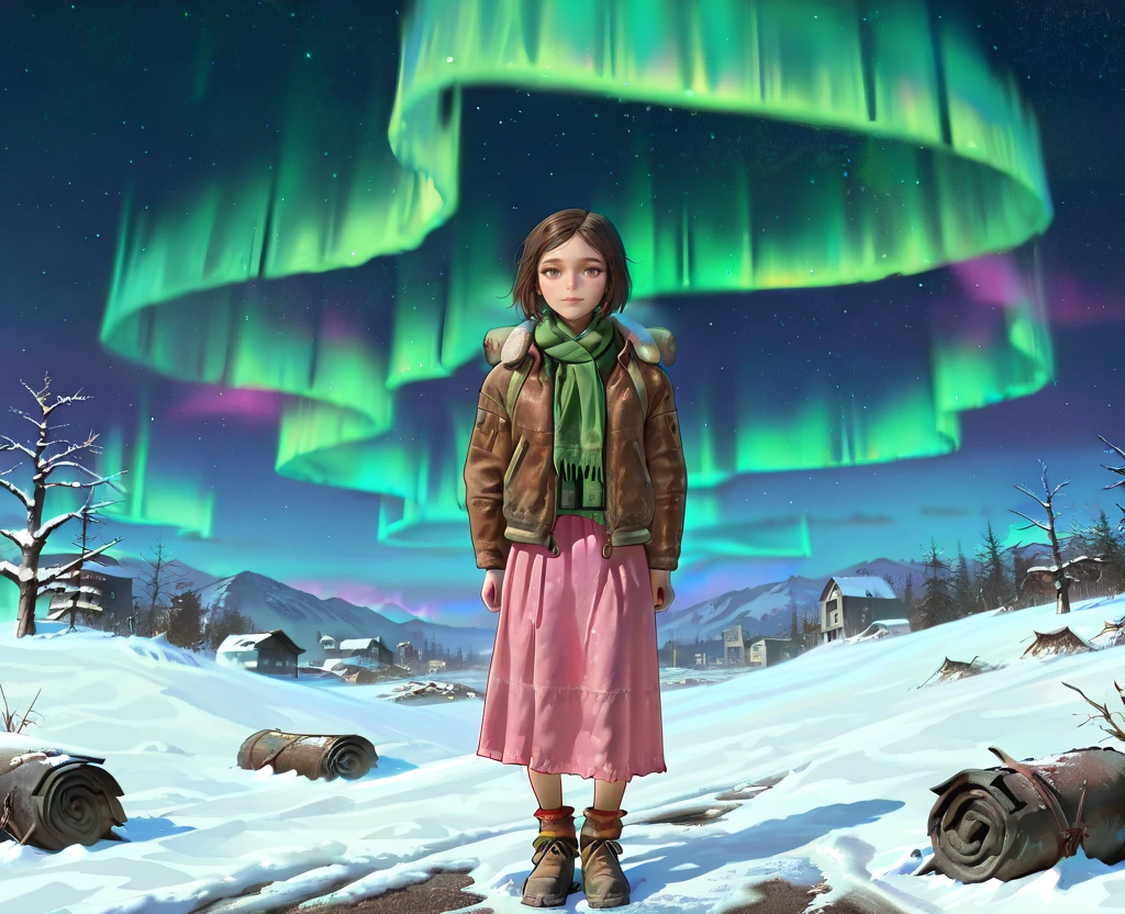 masterpiece, 1440p, 8k, UHD, amazing quality, high resolution,   <lora:Nat_Wright_Illustrious:1> NatWright, Fallout4, 1girl, solo, brown hair, short hair, jacket, green scarf, pink skirt, ruined city, snow, winter, aurora, dead trees, starry sky, looking at viewer, full body view