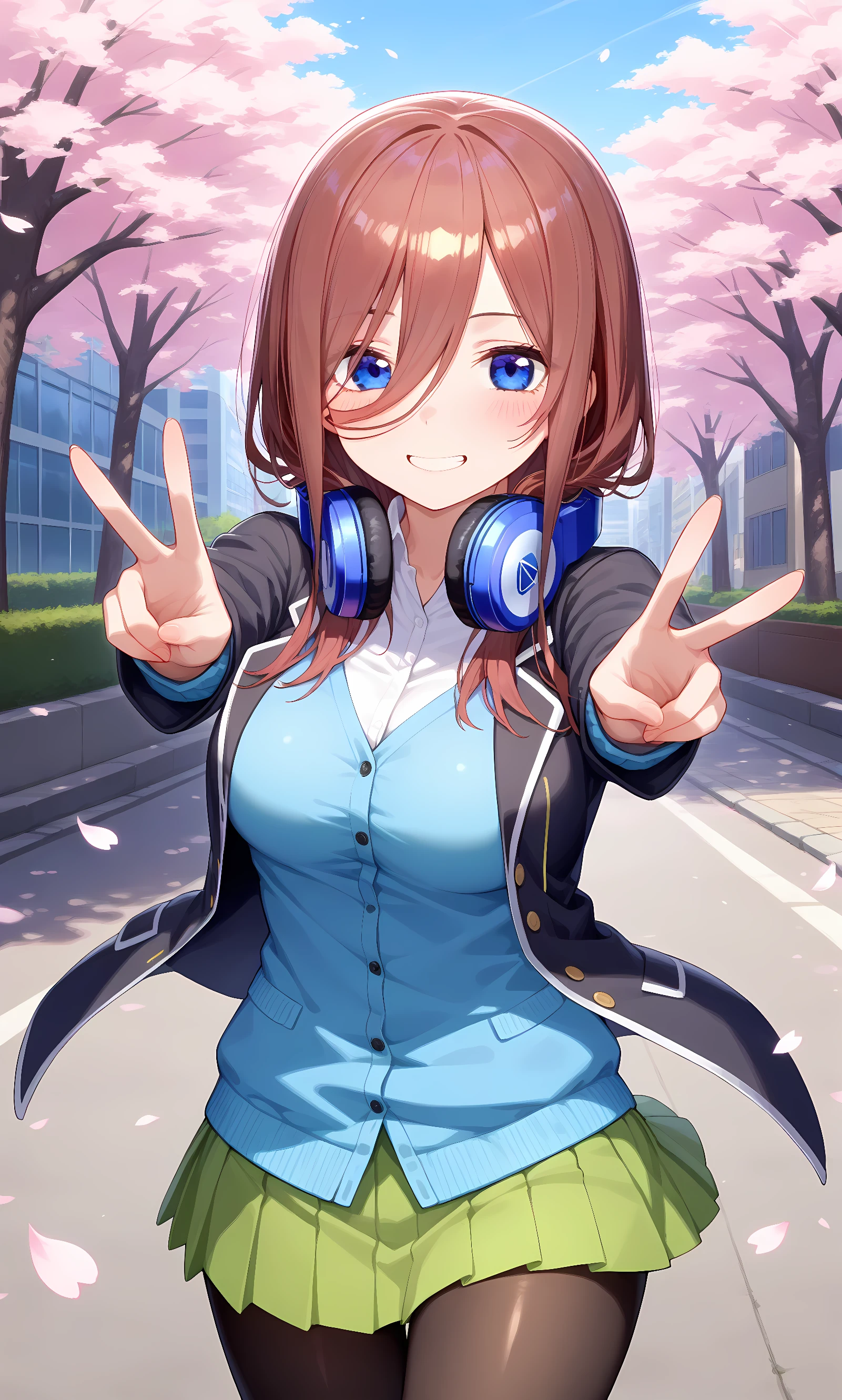 score_9, score_8_up, score_7_up, source_anime, 1girl, solo, outdoors, street, cherry blossoms, cowboy shot, looking at viewer, shiny skin, close-up, nakano miku, brown_hair, long_hair, closed_eyes, hair_between_eyes, headphones, black jacket, open clothes, blue cardigan, green skirt, pleated skirt, black pantyhose, brown shoes, outstretched arms, double v, grin