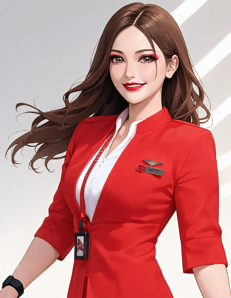 score_9, score_8_up, score_7_up, highly detailed, high contrast, film grain, Rim Lighting, detailed face, 
AirAsia_uniform, 1girl, AirAsia_uniform, red skirt, red suit, brown hair, solo, smile, long hair, looking at viewer, wristwatch, realistic, black eyes, watch, lipstick, asian, shirt, brown eyes, makeup, red lips<lora:PonyReal_AirAsia_uniform_V1-000022:1>