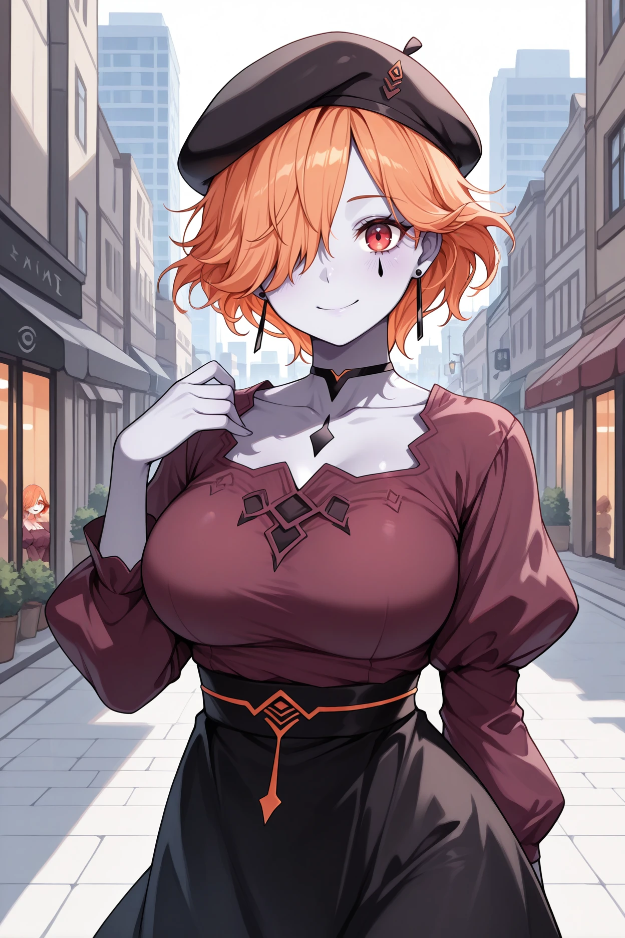 masterpiece, best quality, 1girl, solo, <lora:fekronya-illu-nvwls-v1-000005:1> 3hkrnya, grey skin, orange hair, short hair, hair over one eye, red eyes, facial mark, large breasts, earrings, maroon blouse, puffy sleeves, black skirt, looking at viewer, smile, beret, city, collarbone