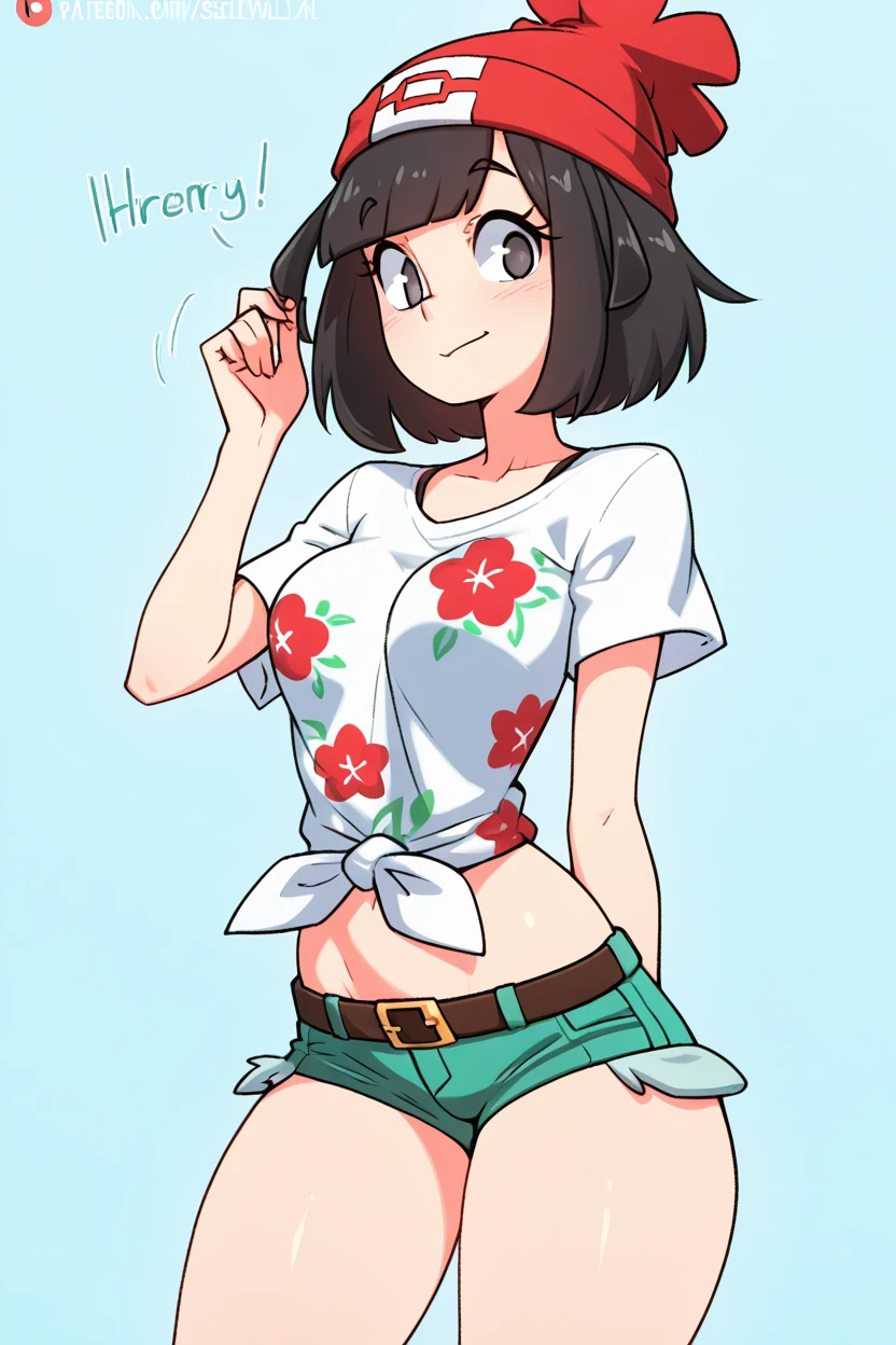 masterpiece, best quality, medium breasts, (curvy),  ,,, BREAK, zzSelene, 1girl, solo, black hair, green shorts, red headwear, beanie, shirt, tied shirt, floral print, short hair, short sleeves, short shorts, striped, white shirt, belt, <lora:SeleneIXL:1.0>,BREAK,  smile, looking at viewer, cowboy shot,    ,<lora:TobiaswhellerIXL:1.0>,