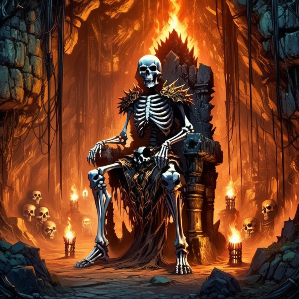 anime artwork skellies, skeletal warrior, sitting on a throne of bones, surrounded by flickering torches, underground cavern, jagged rocks, close-up shot, low light, eerie glow, gothic atmosphere, high detail <lora:Skeletal Warriors- sdxl1.0:1> . anime style, key visual, vibrant, studio anime,  highly detailed