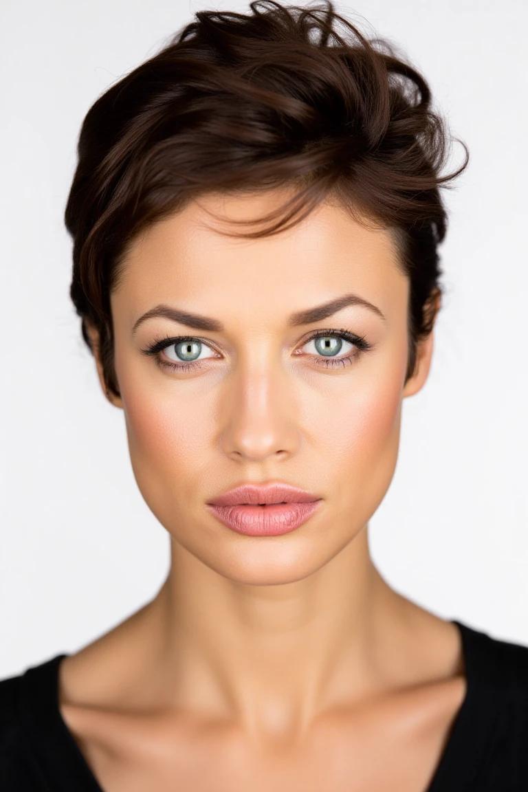 close up face portrait of olgaflx, a short haired brunette woman in martincstyle look, plain white studio backdrop, framed centered