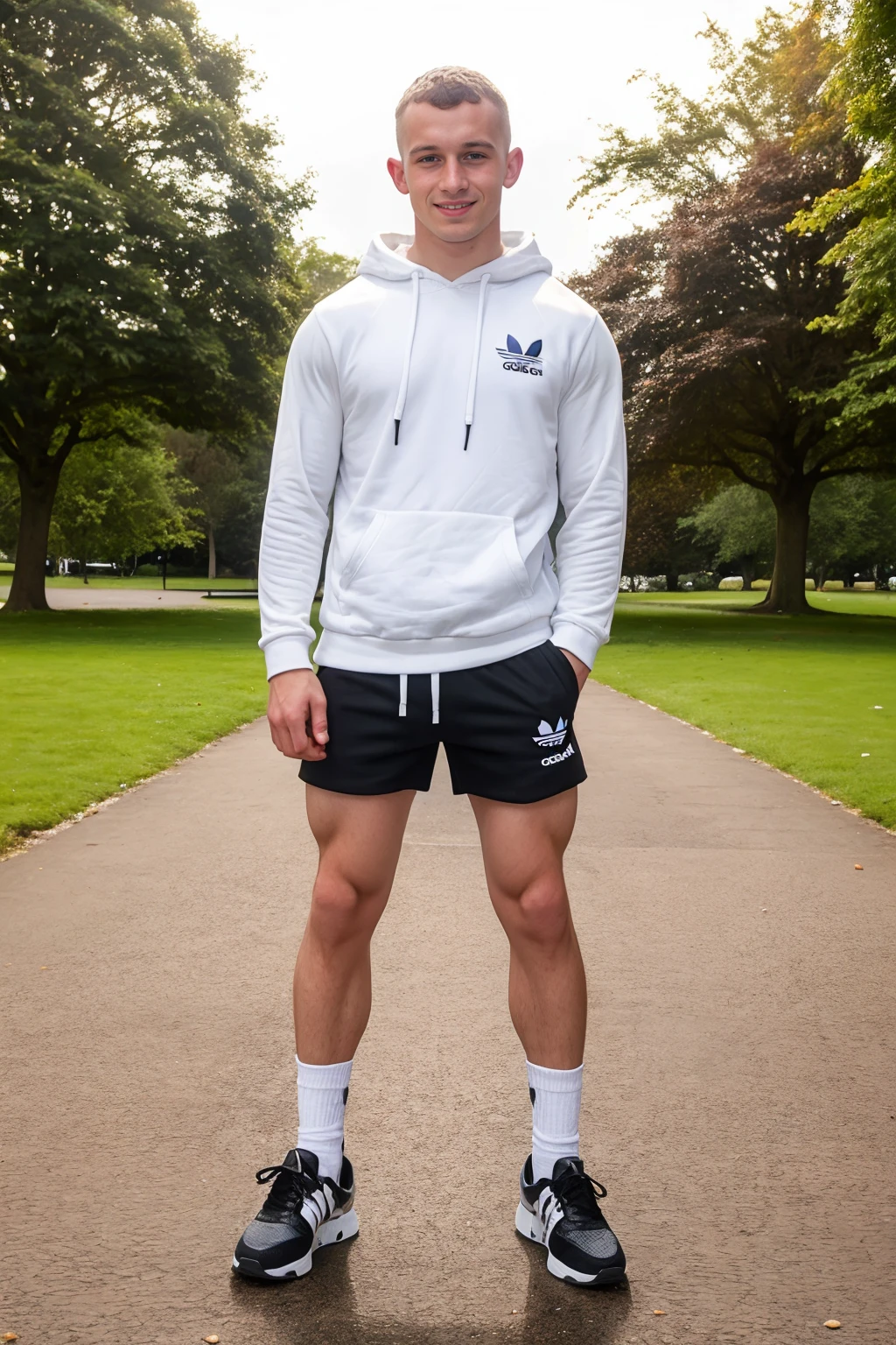 cute fashion white european muscular boy with blonde undercut haircut, wearing tight white CK briefs, no pants, dark-green CK hoodies, white sheer Nike socks and Nike air max white and red sneakers, CK cap, many big golden rings, standing posing in picadilly circus, London