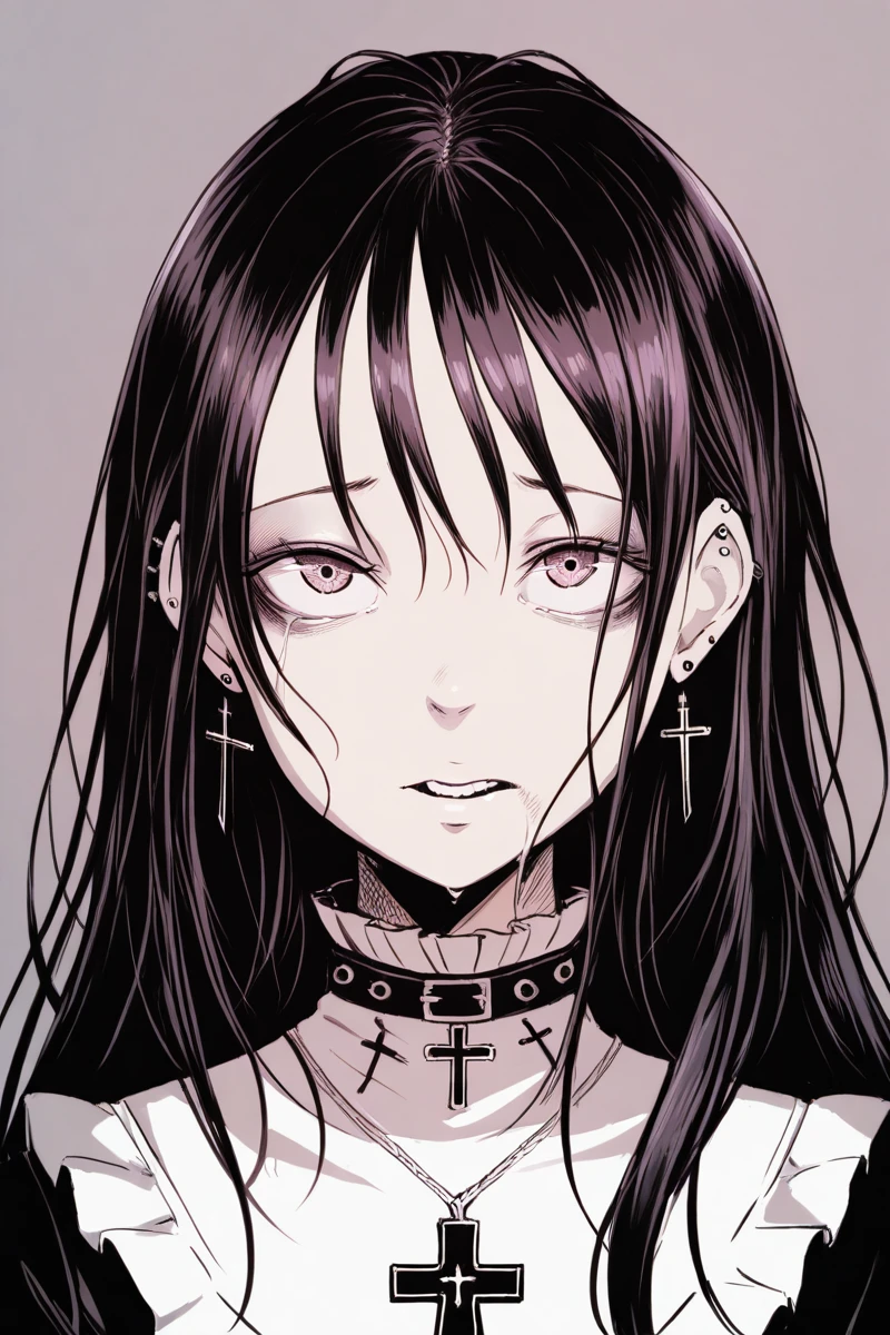 masterpiece, best quality, amazing quality,
 <lora:DisorderIL:1> disorder, 1girl, solo, jewelry, earrings, cross earrings, cross, portrait, looking at viewer, piercing, ear piercing, anime coloring, simple background, long hair