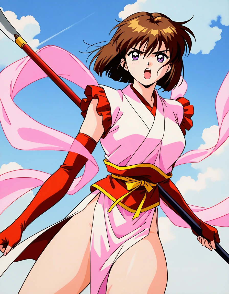 general,highres, ultra-detailed,very aesthetic,best quality ,best hands,  BREAK <lora:Amatsu_Mai_IS:1> Amatsu_Mai, 1girl,solo, brown hair, short hair, breasts, purple eyes, bob cut, bangs, 1990s \(style\),anime coloring, 
red gloves, fingerless gloves, elbow gloves, japanese clothes, weapon, naginata, hagoromo, serious face, fighting pause,
sash, red gloves, grey background, pelvic curtain, kimono, polearm, obi,  thighs, open mouth,
sky, blue sky, cloud,