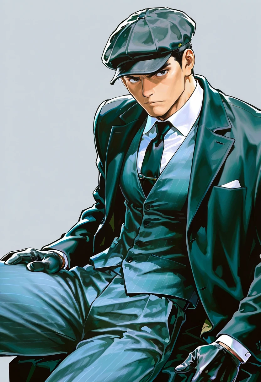 1boy,male focus,solo,looking at viewer, ikeda ruriko,pb clothing, hat, black necktie, black gloves, vest, black coat, white shirt, pants, collared shirt, suit, ryu (street fighter)