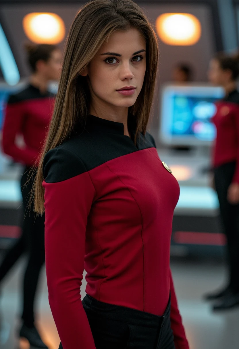 {    "T5": "A high-quality photo of a beautiful 19-year-old woman, Marketa Stroblova, shot on a Hasselblad H3D-II 39 camera with a cinematic scene inspired by Star Trek: The Next Generation. She is wearing a red Starfleet uniform, standing confidently with a tender and youthful pose. The photo is taken with a medium aperture to blur the background, emphasizing Marketa's presence. The mood is adventurous and exploratory, with a sense of curiosity and bravery. The setting is a futuristic, high-tech background with a subtle Star Trek-inspired theme, such as a spaceship control room or a planetary surface.",    "CLIP": "Marketa Stroblova, young woman, dark hair, red Starfleet uniform, cinematic, Star Trek: TNG, Hasselblad H3D-II 39, medium aperture, futuristic background, spaceship, planetary surface" }