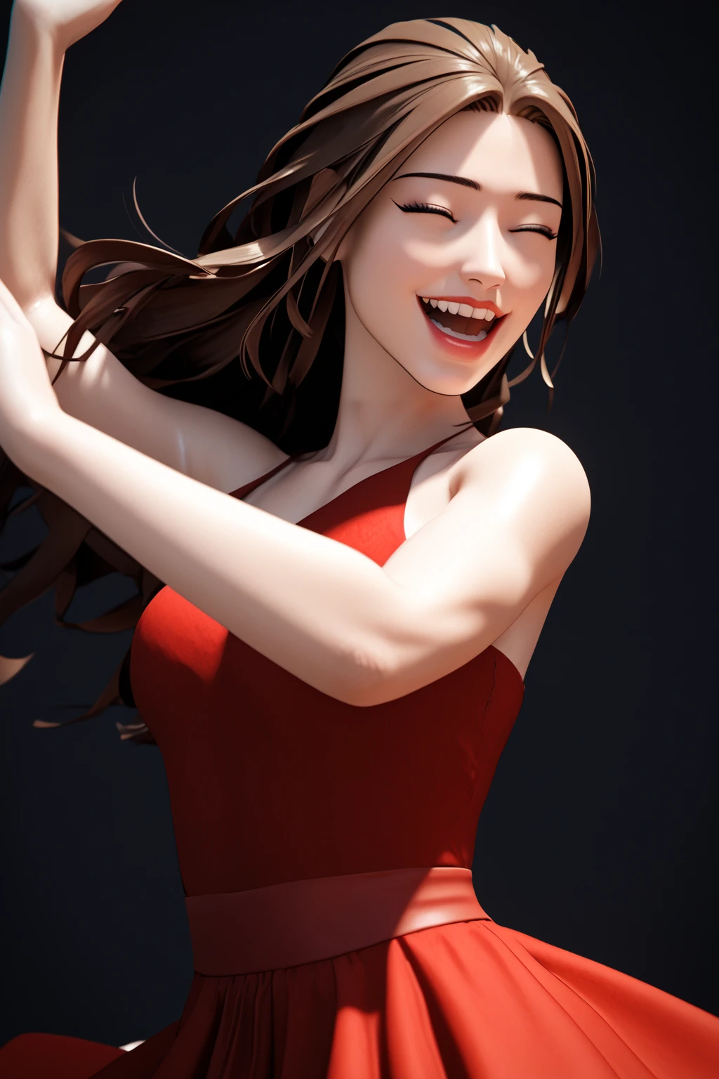 score_9, score_8_up, score_7_up, masterpiece, high quality, extreme detail, absurdres, (detailed skin texture) BREAK render 3d
 <lora:HayanPonyLora:1>hayan, bangs, long hair, red dress, bare shoulders, dynamic motion, dancing, happy