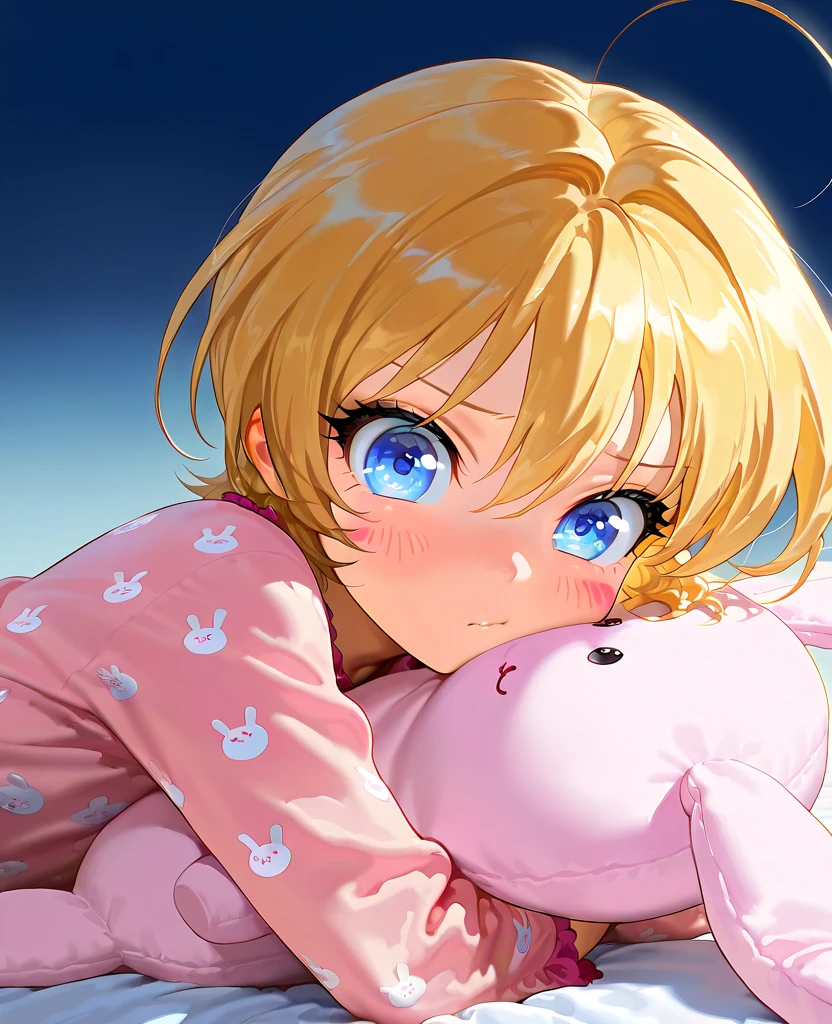 masterpiece, 1440p, 8k, UHD, amazing quality, high resolution,  <lora:Takatou_Iori_Illustrious:1> Takatou Iori, ichinensei_ni_nacchattara, 1girl, solo, blush stickers, short hair, blonde hair, blue eyes, on stomach, stuffed toy, hugging stuffed rabbit, pajamas, flustered, gradient background, upper body, portrait, hard shadows, IllustriousQual