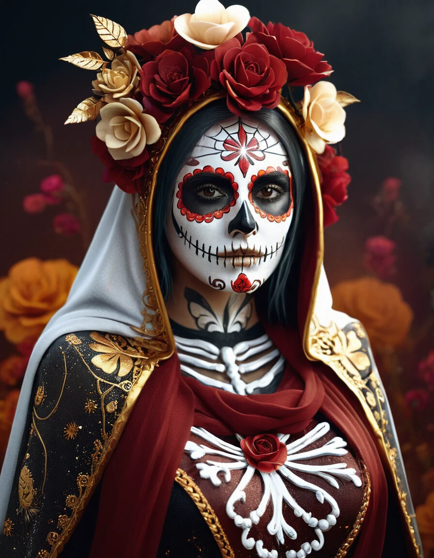 woman dressed sugar skull costume flowers, amazing octane render, thick dust red tones, wearing golden halo, saint woman, white skeleton face, wearing dark hood, hyperrealistic concept art, flower,