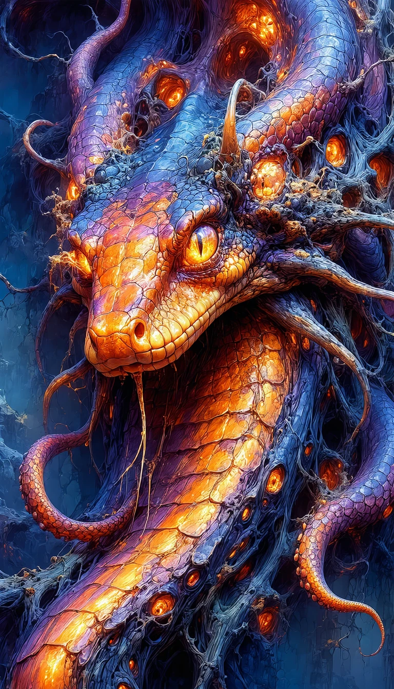 The image presents a digital illustration of a fantastical creature. The creature's head is a vibrant mix of orange and purple, with a large, glowing eye that dominates the center. The creature's body is a complex web of intricate lines and curves, creating a sense of organic fluidity. The creature's tentacles, a striking feature, extend outwards in a pattern that resembles a snake's skin. The background is a dark blue color, providing a stark contrast to the creature's vivid colors. The creature's face is also a blend of orange and purple, with a large, glowing eye that adds to its otherworldly appearance.