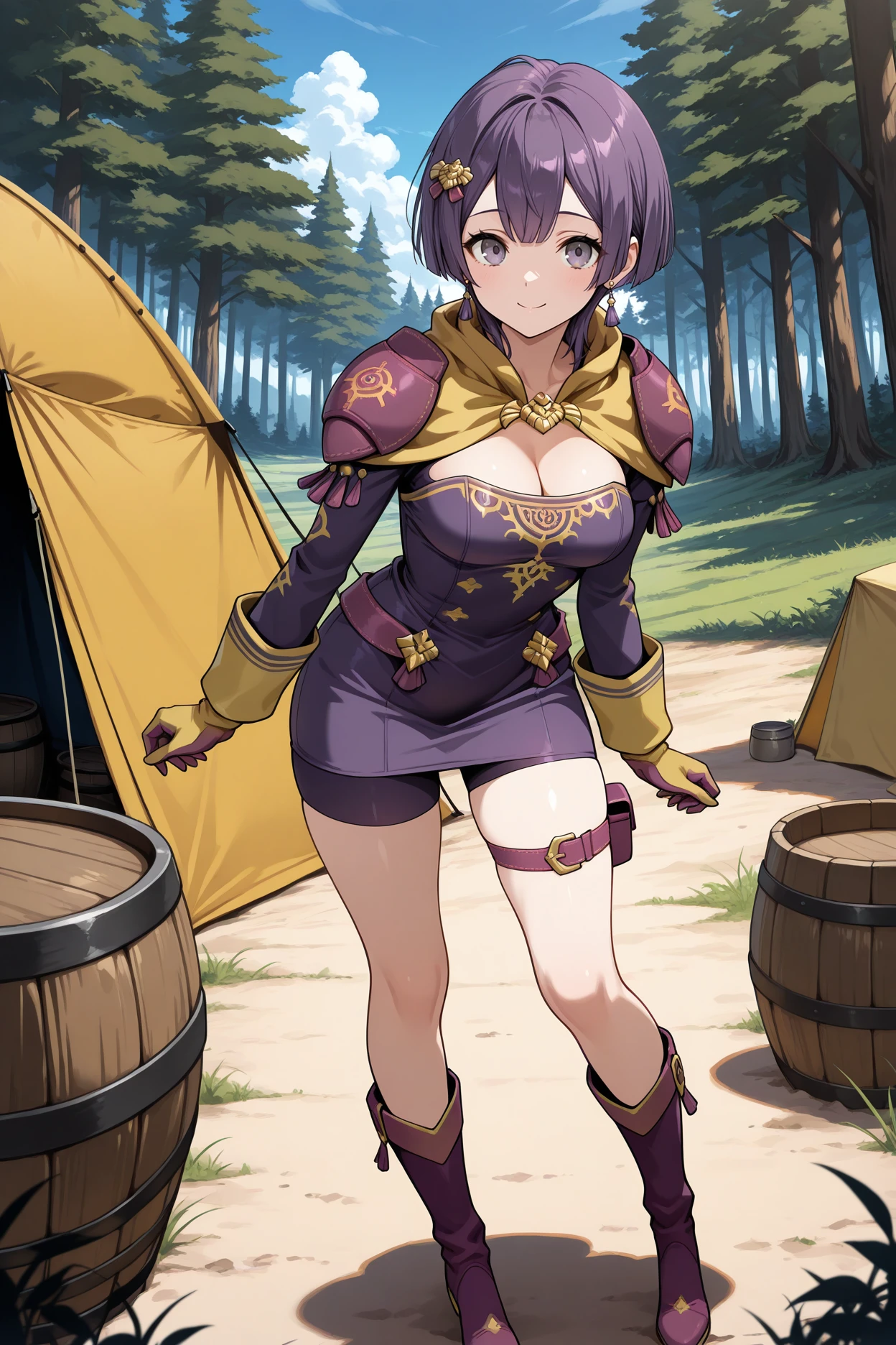 masterpiece, best quality, 1girl, solo <lora:febernadetta-illu-nvwls-v1-000006:1> warbndta, purple hair, bowl cut, grey eyes, hair ornament, earrings, shoulder pads, yellow capelet, purple dress, pencil dress, short dress, long sleeves, cleavage, yellow gloves, shorts under skirt, purple boots, medium breasts, tent, barrel, field, forest, blue sky, looking at viewer, full body, smile, standing, thigh strap