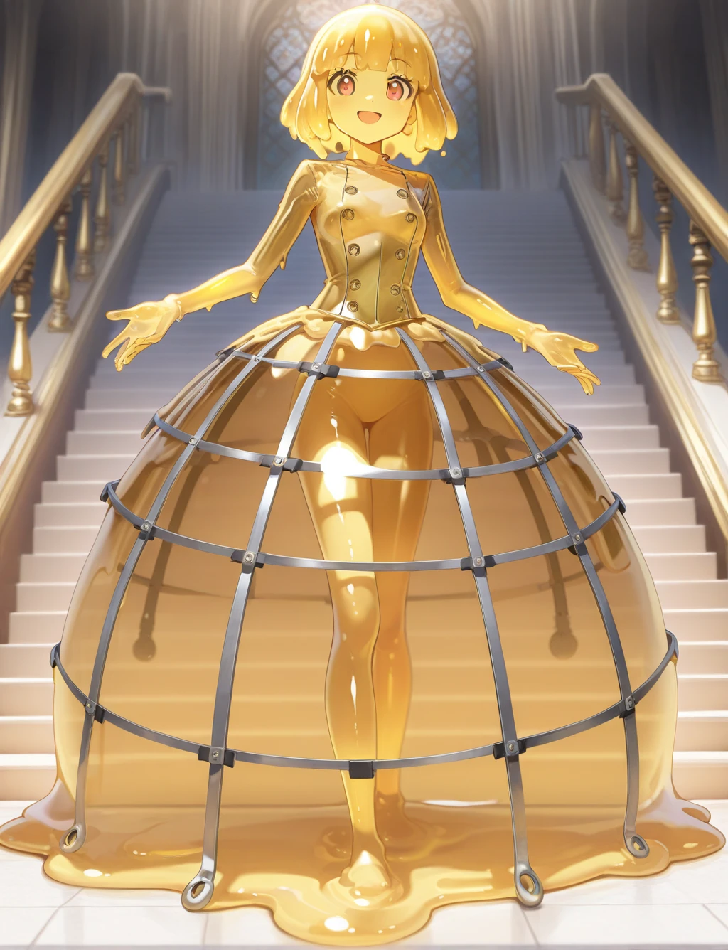 masterpiece,best quality,higres illustration,detailed face,1girl,solo,<lora:cagecrinoline_IL:1>,crinoline skirt,blonde hair,stairs,slime girl,gold body,smile,