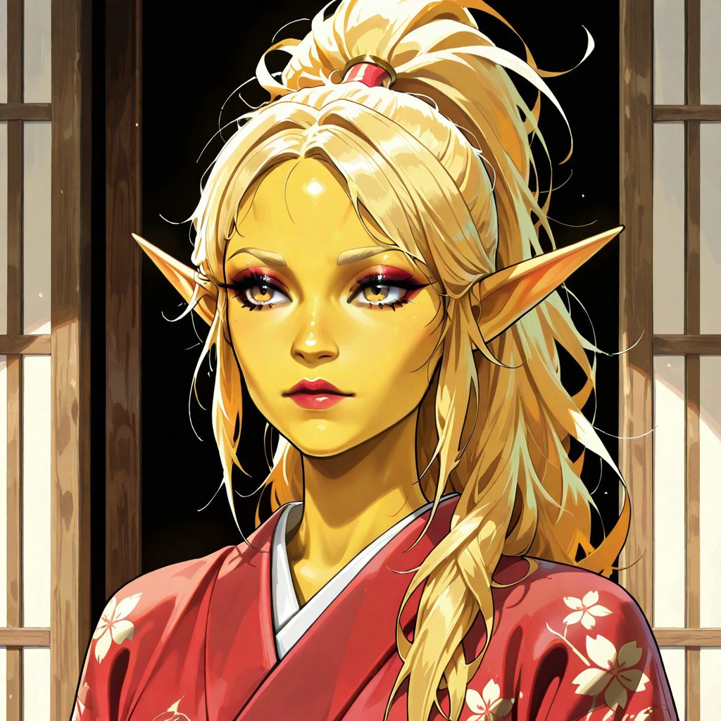 masterpiece, best quality, newest, absurdres, highres, PaintedComicV4.0 1girl, asian, asian female, elf, elf girl, pointy ears, long hair, messy hair, yellow skin, blonde hair, golden colored skin, kimono, red kimono, ponytail long ponytail, high taied ponytail, makeup, mascara,