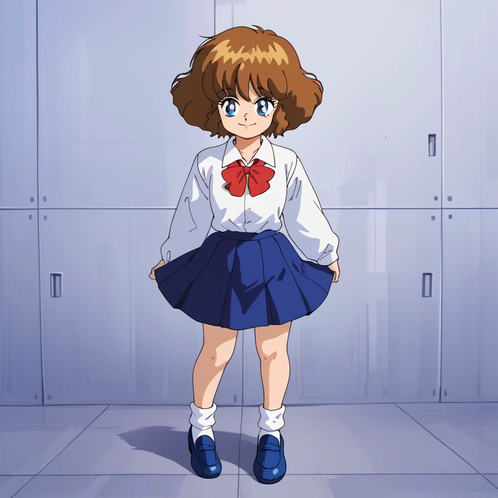 retro artstyle, 1980s (style), 1girl, solo, Narisu, blue eyes, brown hair, short hair, bangs, school uniform, bow, red bow, long sleeves, shirt, white shirt, skirt, blue skirt, socks, white socks, shoes, blue shoes, smile, full body, standing, school, front view
