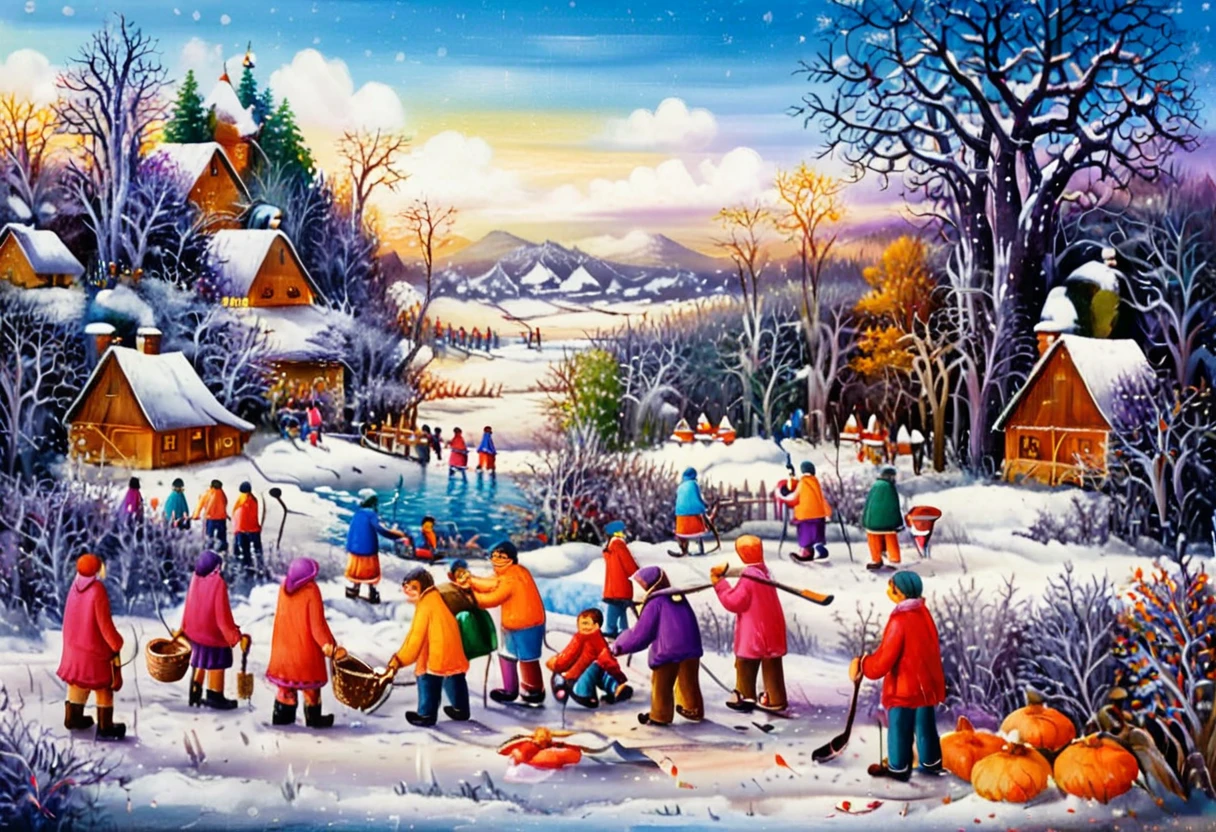 dr4g4n, style of dr4g4n,A charming naïve art painting depicting several children playing hockey on a frozen river in a quaint rural village. The children, dressed in colorful winter clothing with scarves, hats, and mittens, are joyfully skating and competing with wooden hockey sticks. The frozen river winds through the village, surrounded by small, snow-covered houses with smoking chimneys, and tall trees dusted with snow. The scene is rendered in bold, vibrant colors with simple shapes and exaggerated proportions, creating a playful and nostalgic atmosphere. The sky is a bright winter blue with soft clouds, and the overall composition radiates warmth and innocence, capturing the joy of childhood in a picturesque winter setting.<lora:dr4g4n:1>,<lora:SDXLFaeTastic2400:0.4> <lora:extremely_detailed:0.4> extremely detailed, Masterpiece,best quality,hi res,8k,hi res,8k,award winning,(sharp focus, intricate, highly detailed),