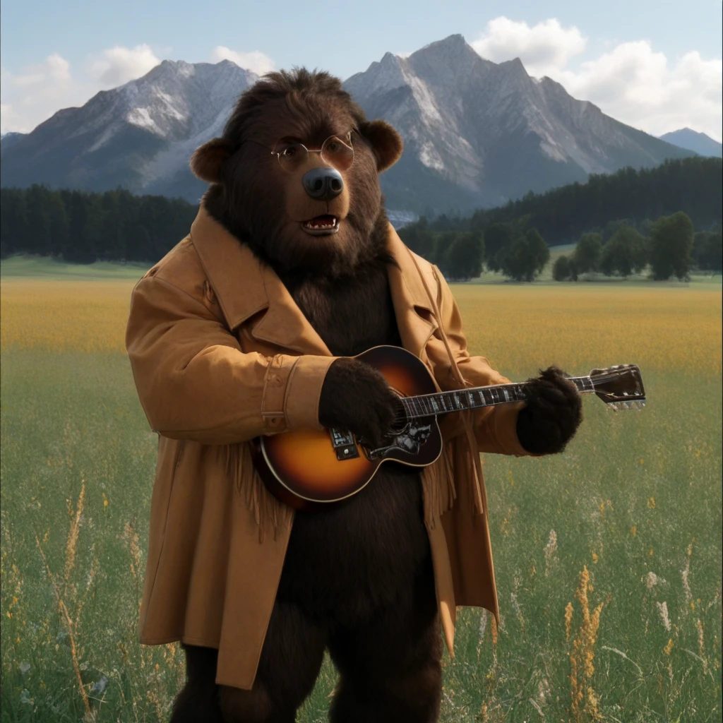 ted bedderhead, big bear, tall, dark brown fur, belly, bara, standing tall, glasses, black nose, wearing coat, playing a guitar, in an open field, mountains in background