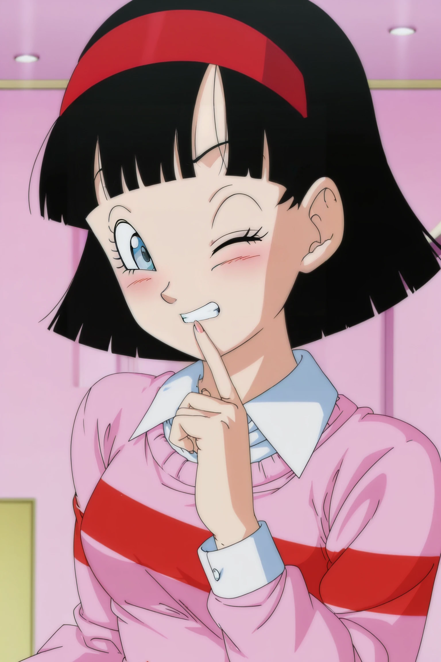 anime screencap, masterpiece, best quality, amazing quality, very aesthetic, absurdres,  newest, (scenery, volumetric lighting), official style,
videl, dragon ball super, pink jumper outfit, official style, 1girl, solo, breasts, looking at viewer, blush, short hair, black hair, bob cut, bangs, blue eyes, one eye closed, clenched teeth, red hairband, pink sweater, print sweater, long sleeves, collared shirt, upper body, blurred background, eyelashes, fingernails, raised eyebrows, finger to mouth, pink background, indoors
<lora:Videl_IL_v2:0.8>