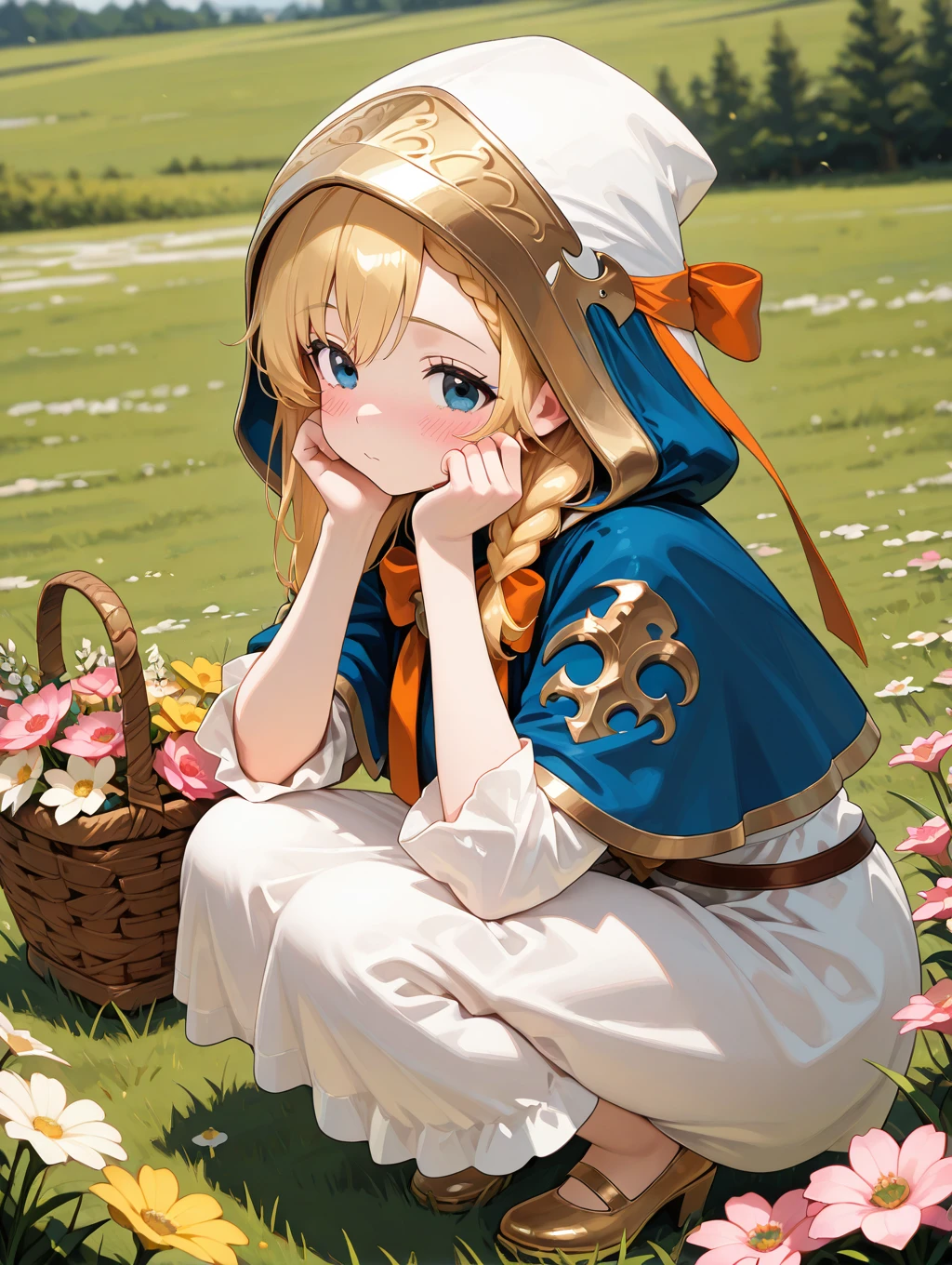 bari, 1girl, solo, long hair, blush, blue eyes, blonde hair, dress, braid, flower, outdoors, day, hood, white dress, capelet, squatting, grass, hair over shoulder, pink flower, yellow flower, basket, hooded capelet, blue capelet

masterpiece, best quality,amazing quality, very aesthetic, absurdres, depth of field, blurry background, extremely detailed face, detailed eyes