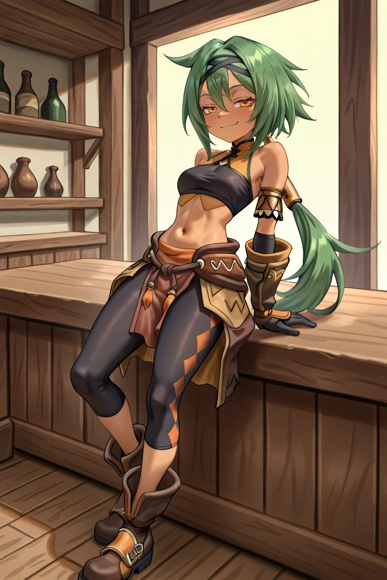 <lora:KylierIL:0.8> , kylierdef, 1girl, dark skin, green hair, low-tied long hair, low ponytail, long hair, orange eyes, bare shoulders, black tube top, arm warmers, black arm warmers, midriff, brown skirt, (red pelvic curtain), black leggings, ((turtleneck shirt)), armlet, gloves, boots, full body, tavern, bar, interior, looking at viewer, smile, leaning back on counter, smug, half-closed eyes, solo, masterpiece, very aesthetic, absurdres, best quality, amazing quality, high resolution, <lora:illustrious_quality_modifiers_masterpieces_v1:0.8> , <lora:ChamIllustriousBackgroundEnhancer:0.5>,