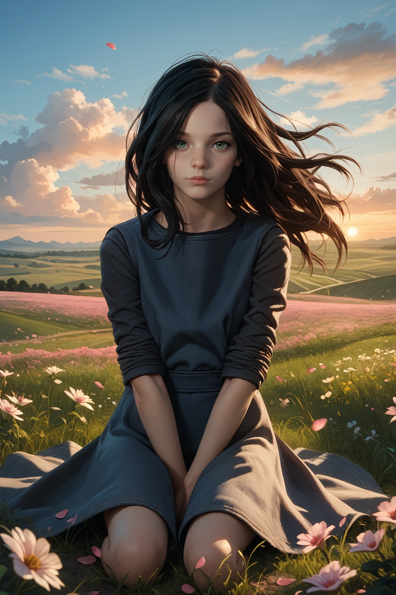 score_9, score_8_up, score_7_up, score_6_up
<lora:RE7Eveline:0.8>
RE7Eveline, 1girl, black hair, long hair, green eyes, looking at viewer, sitting, field, hill, blue sky, sunset, flower petals, wind