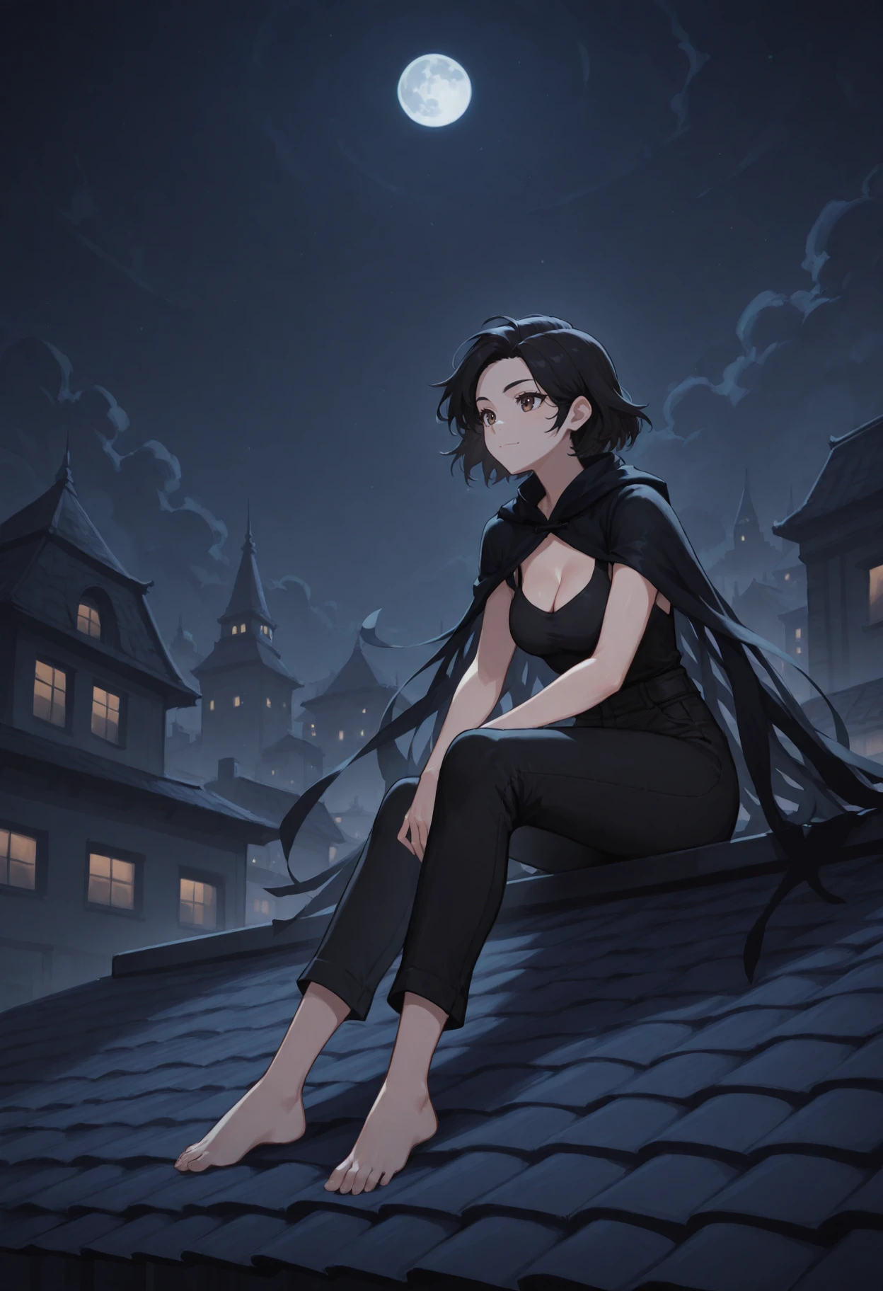 v1n, sitting, 1girl, solo, tasselled cloak, brown eyes, short black hair, black shirt, cleavage, black pants, barefoot, rooftop, night, moon, <lora:VinIllustrious:0.8>