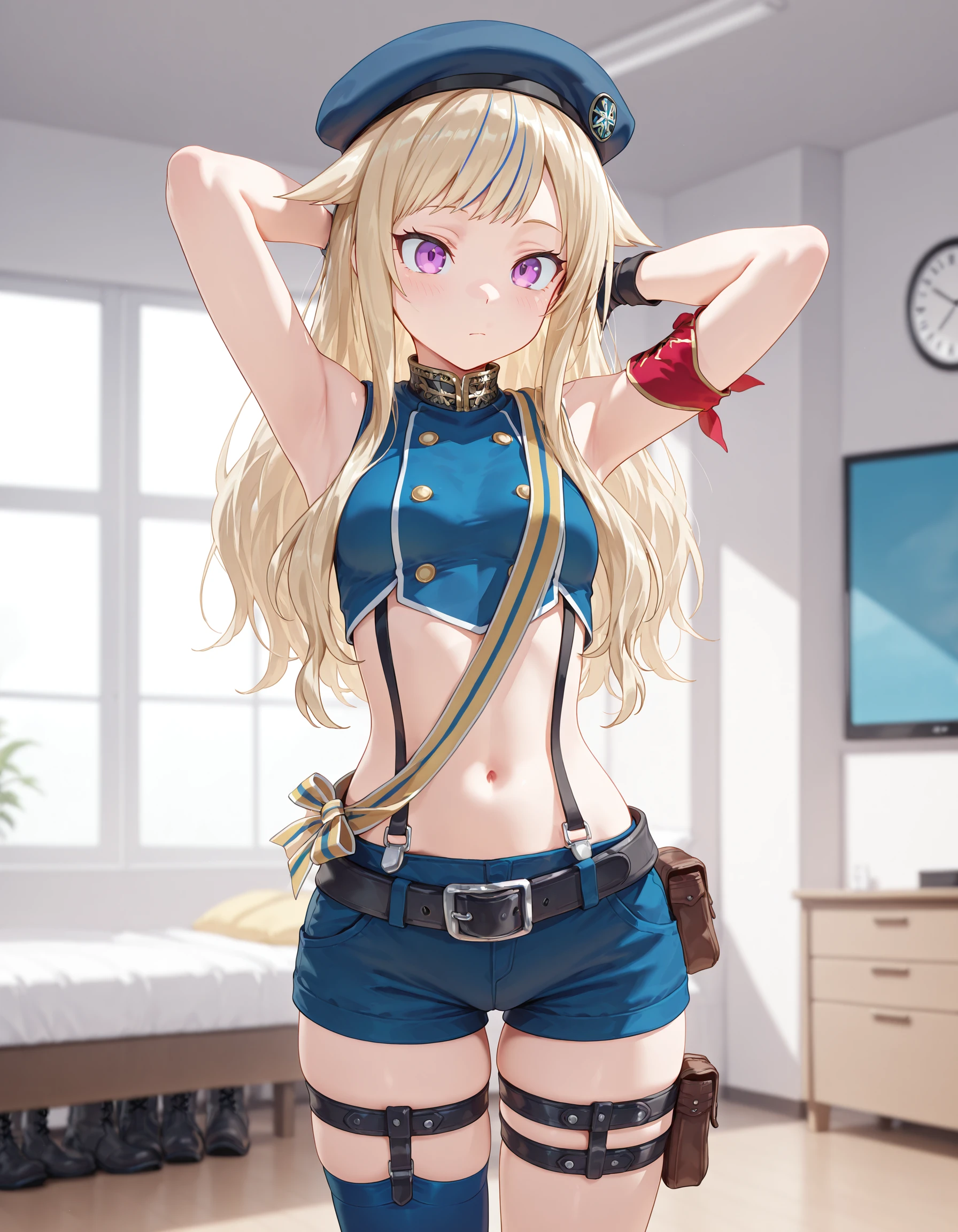 masterpiece, best quality, amazing quality,1girl, solo, cowboy shot, indoors, standing, arms behind head,
<lora:Suzuki_Hina_Illustrious:1> suzuki hina, blonde hair, long hair, streaked hair, hair flaps, purple eyes, skinny, small breasts, , hat, beret, blue thighhighs, blue crop top, fingerless gloves, midriff, single thighhigh, sleeveless, suspender shorts, thigh straps, belt, pouch, single armband, sash, boots,