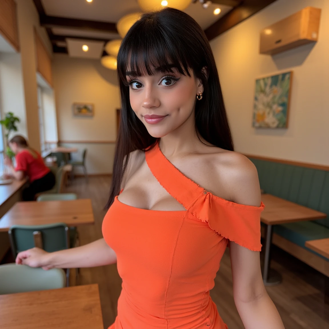 (A cinematic shot of <lora:whoahannahjo:1> a young woman with a light to medium skin tone. a stunning female model, styled bangs hair, makeup and mascara. She is wearing a one-shoulder dress, standing in cafe looking at the viewer)