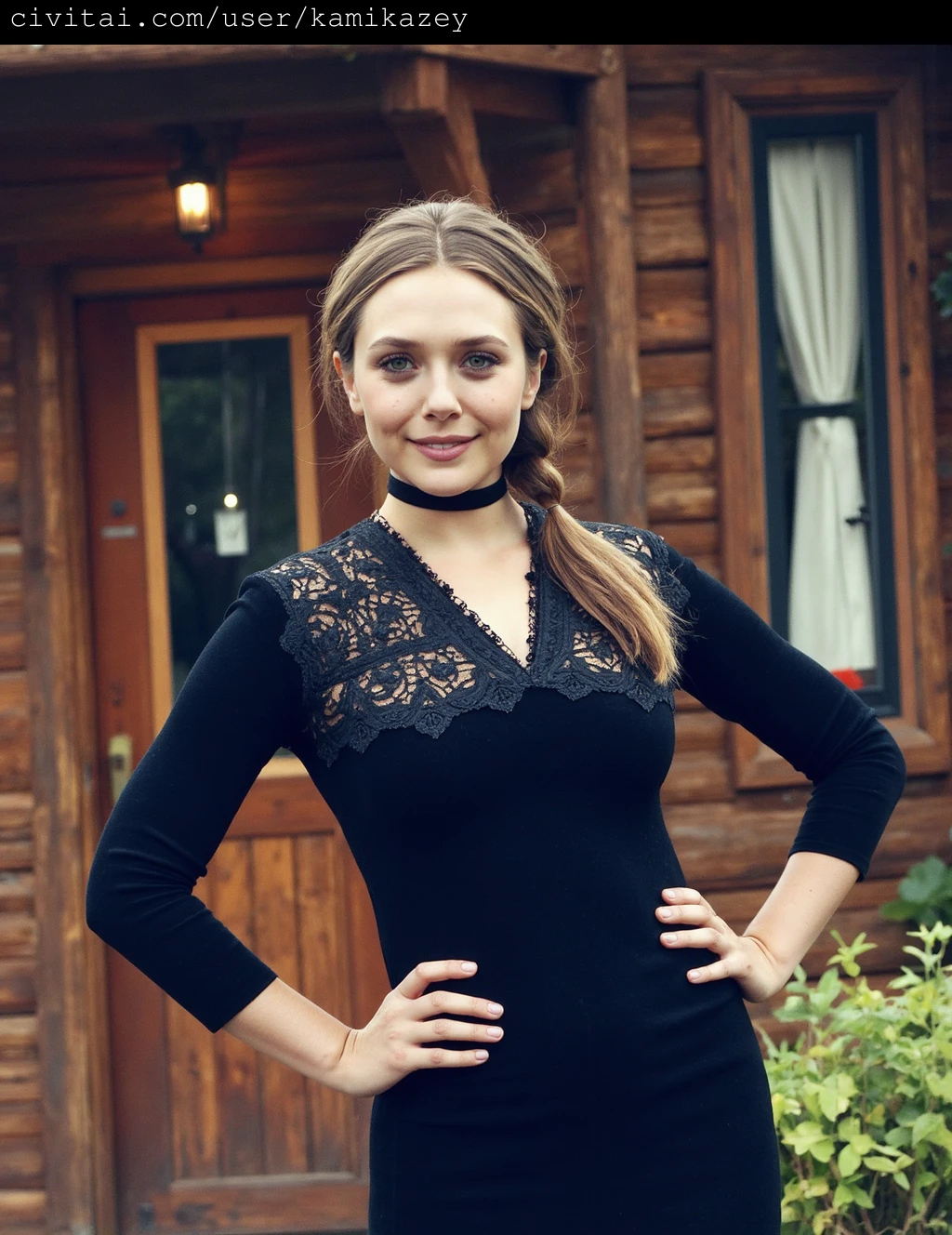 elizabeth_olsen standing outdoors in front of a wooden house with a rustic, cabin-like appearance. She is positioned slightly off-center to the left, facing the camera. Her skin is fair, and her straight, brown hair is styled in a casual ponytail. She wears a black, long-sleeved dress with intricate lace detailing on the bodice, creating a Gothic or Victorian-inspired look. The lace pattern is intricate, with a scalloped edge, and the dress features a plunging V-neckline. Around her neck, she wears a black choker with a small, decorative charm. Her makeup is subtle yet elegant, with a focus on her eyes, which are framed with dark eyeliner and mascara. She stands confidently with her hands on her hips, exuding a sense of independence and self-assuredness. The background features a wooden door with a small window above it, adorned with a vintage-style lantern, and a window with white curtains drawn to the side. The setting is likely a serene, forested area, as suggested by the lush greenery and natural surroundings, enhancing the overall rustic and romantic atmosphere of the image.