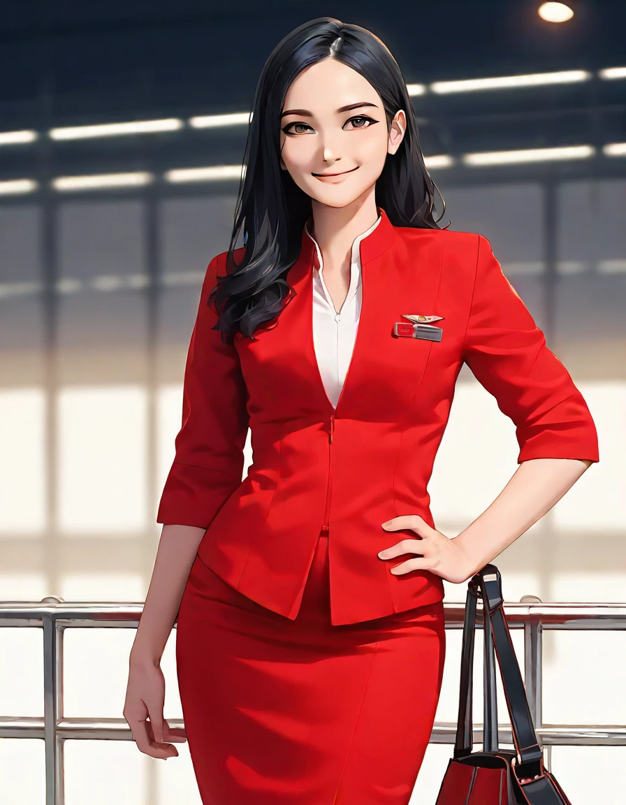 score_9, score_8_up, score_7_up, highly detailed, high contrast, film grain, Rim Lighting, detailed face, 
1girl, AirAsia_uniform, red skirt, red suit, 1girl, solo, realistic, bag, black hair, skirt suit, hand on own hip, smile<lora:PonyReal_AirAsia_uniform_V1-000022:1>