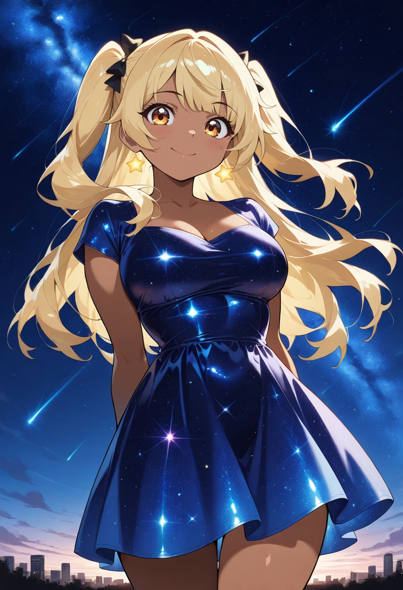 masterpiece,source_anime, best quality, perfect anatomy, very aesthetic, ((outlined outlined vector graphics)), source_anime, 1girl,20yo, large breast, orange eyes, (blonde hair:1.3),long hair, (two side up:1.1), (dark skin:1.6), dark skin girl, (tall:1.2), (abs:0.7),bangs, outdoors, blush, cowboy shot, galaxy, gradient sky, glittering, glimmering, glowing , aetherical, looking at viewer, milky way,starry night, night, night sky, shooting star, sky, skyline, smile, solo, star \(sky\), star \(symbol\), starry background, starry sky, starry sky print,starrynightdress, starry night dress, blue dress,,( short sleeve dress:1.2),see-though  <lora:starry-dress-il-01:1>